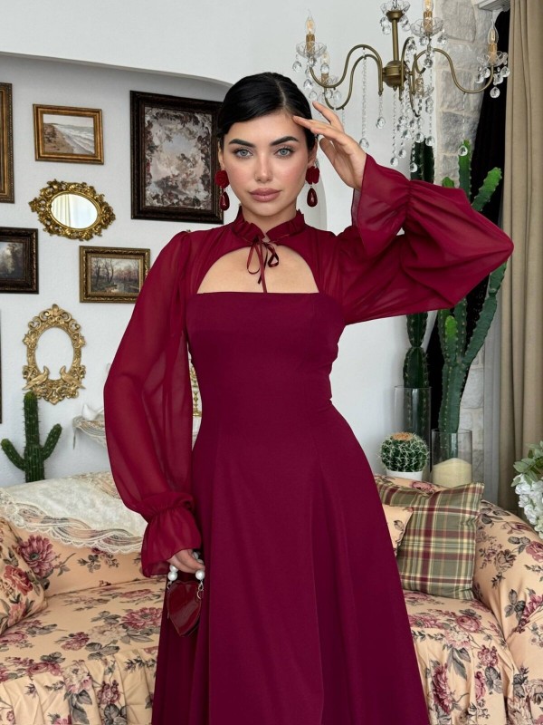 Wome Pelerin Detaylı Elbise ETK-00999-bordo