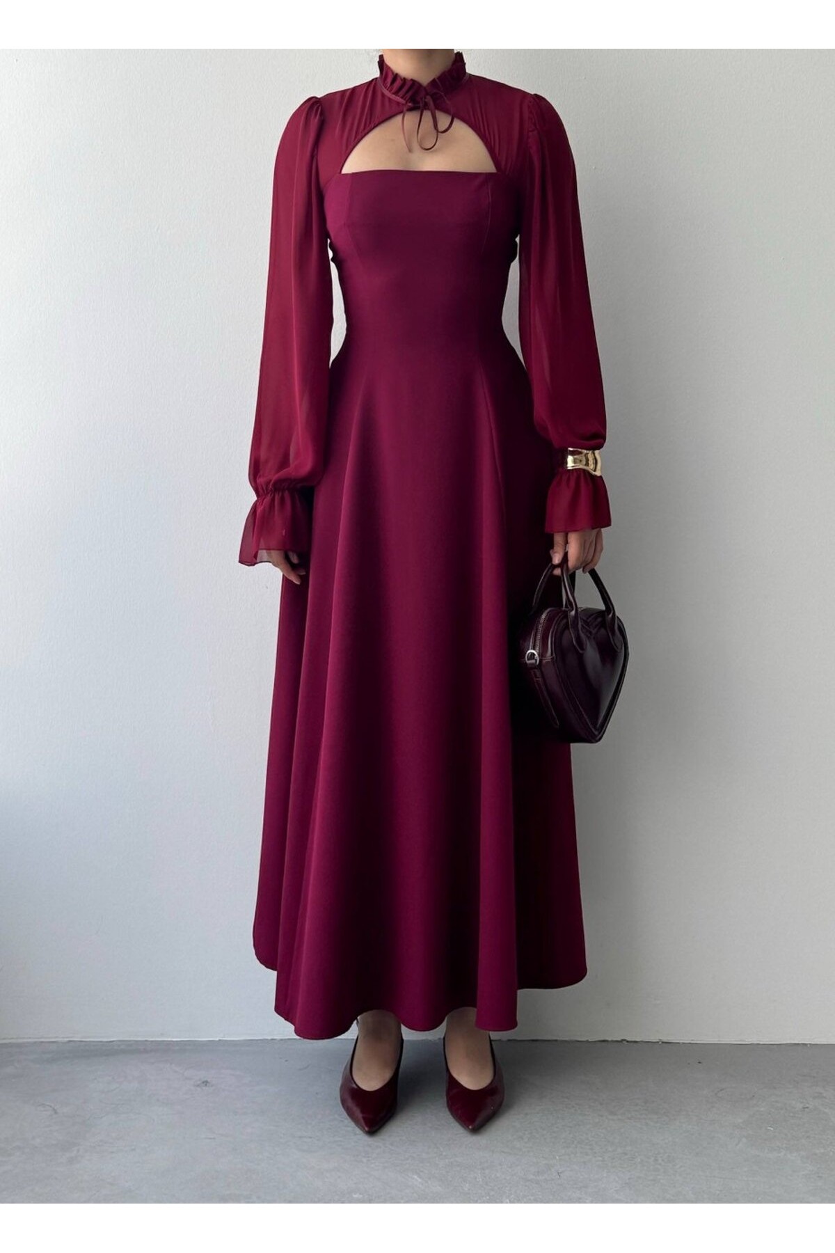 Wome Pelerin Detaylı Elbise ETK-00999-bordo