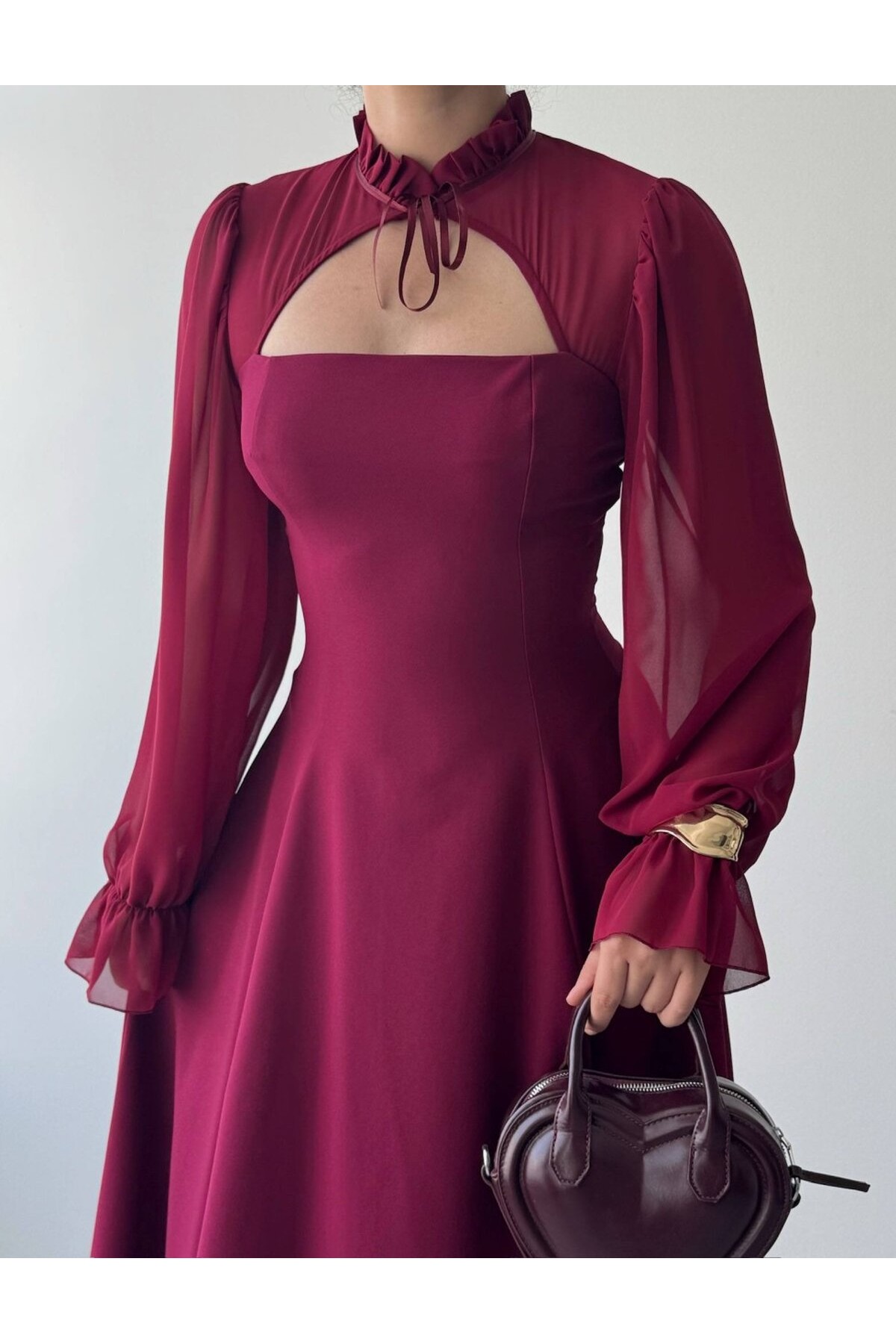 Wome Pelerin Detaylı Elbise ETK-00999-bordo