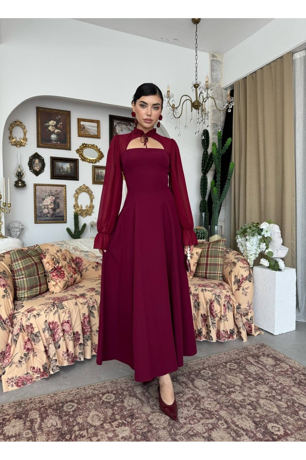 Wome Pelerin Detaylı Elbise ETK-00999-bordo