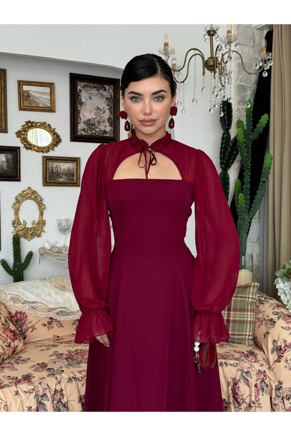 Wome Pelerin Detaylı Elbise ETK-00999-bordo