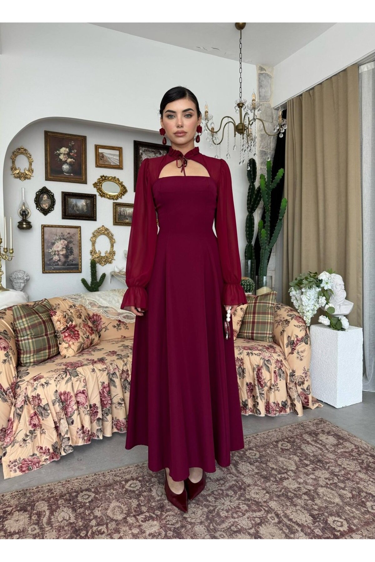 Wome Pelerin Detaylı Elbise ETK-00999-bordo