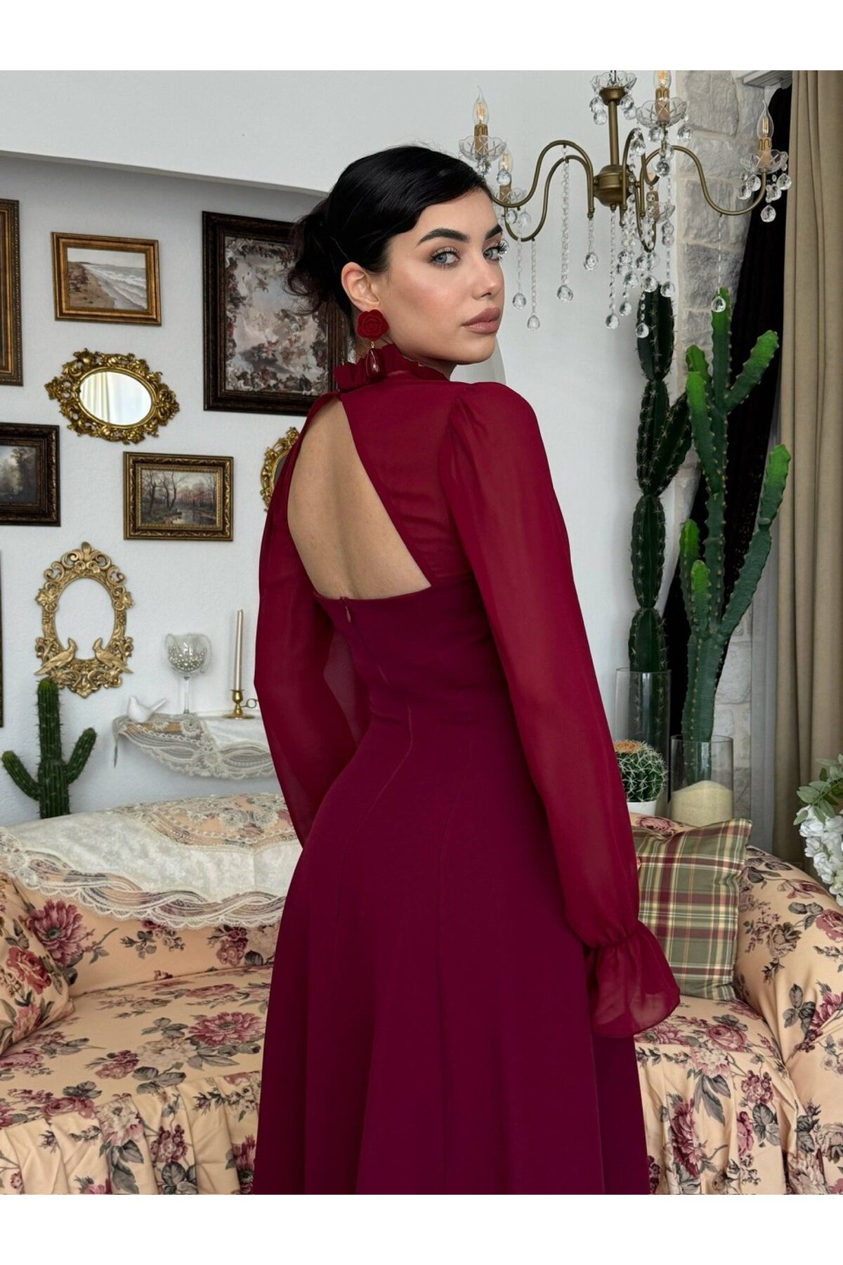 Wome Pelerin Detaylı Elbise ETK-00999-bordo