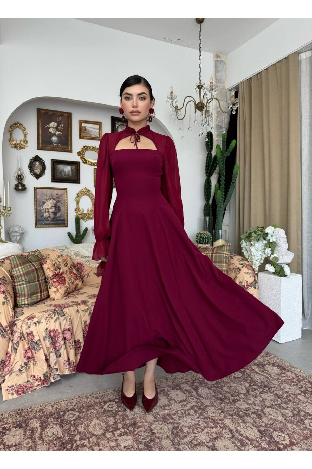 Wome Pelerin Detaylı Elbise ETK-00999-bordo