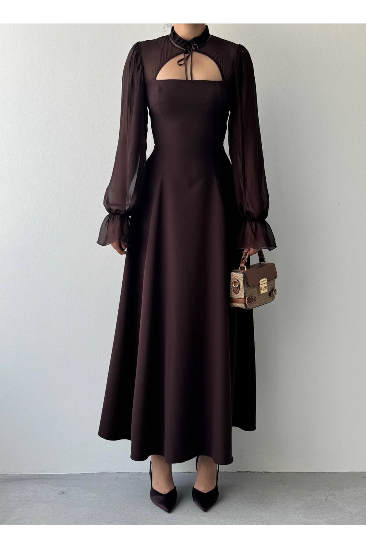 Wome Pelerin Detaylı Elbise ETK-00999-kahve