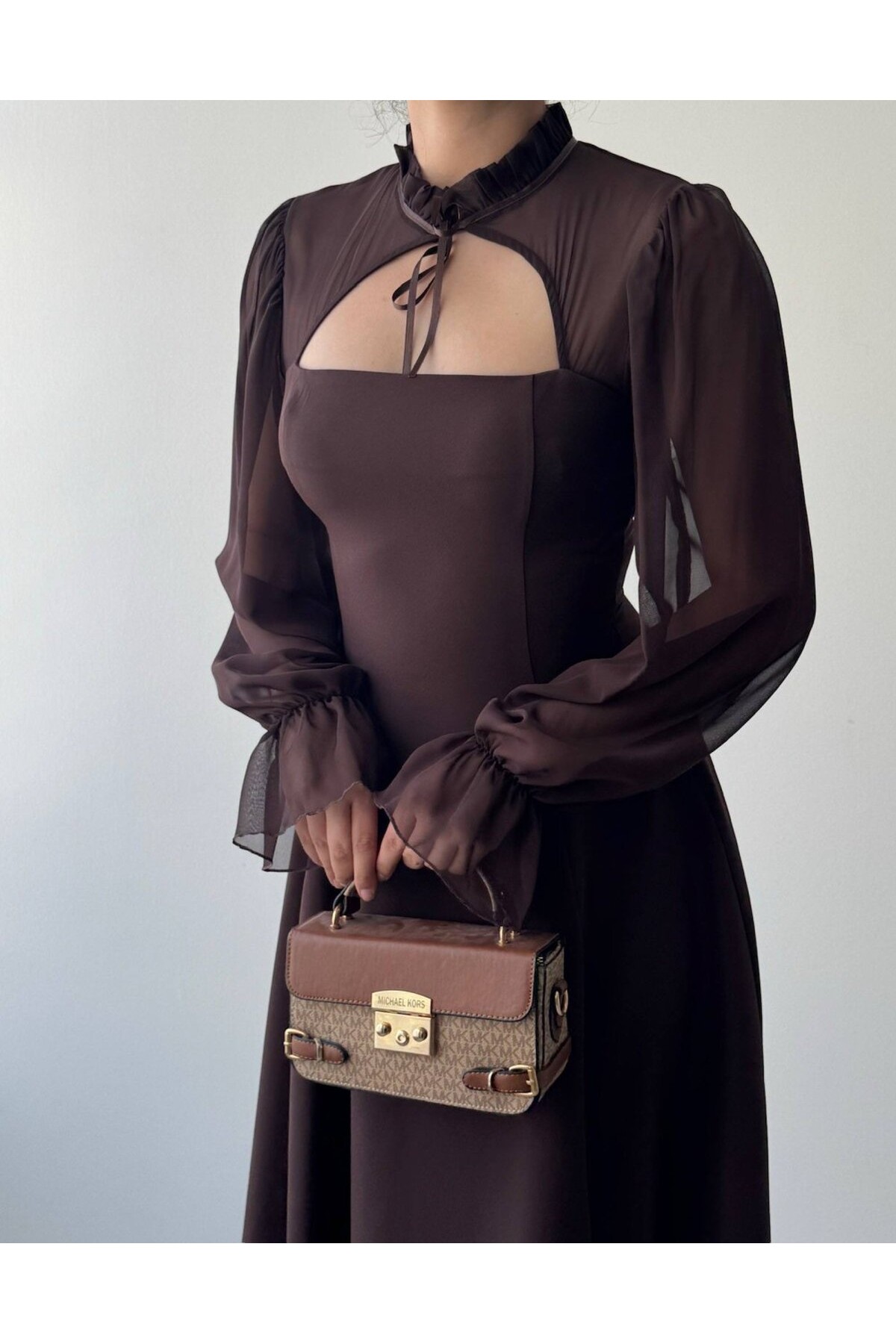 Wome Pelerin Detaylı Elbise ETK-00999-kahve