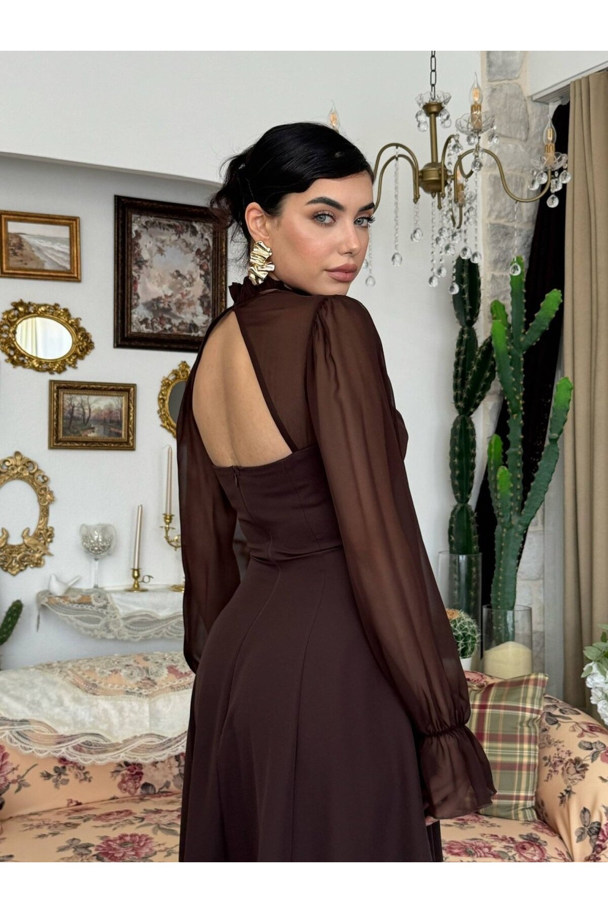 Wome Pelerin Detaylı Elbise ETK-00999-kahve