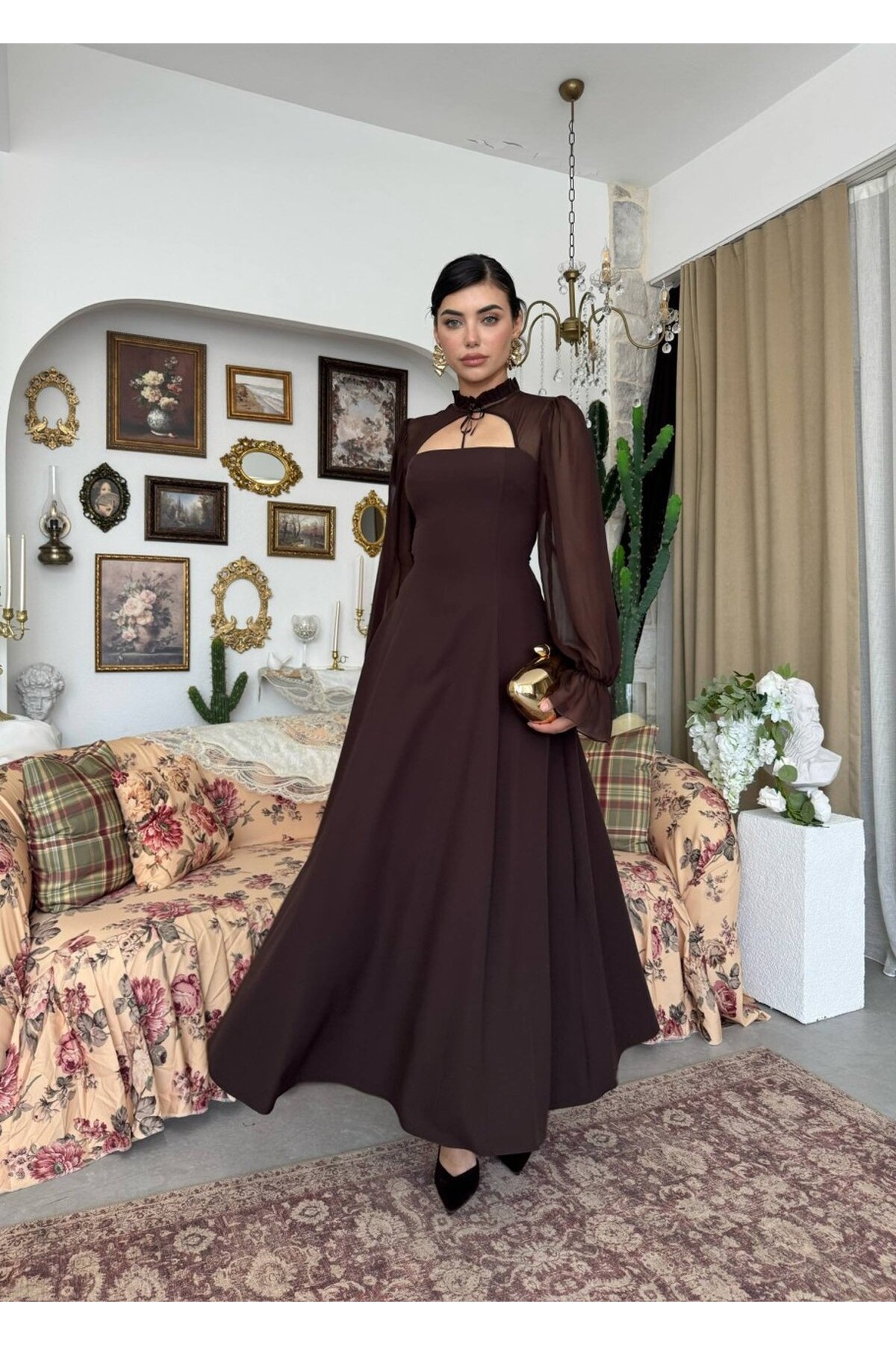 Wome Pelerin Detaylı Elbise ETK-00999-kahve