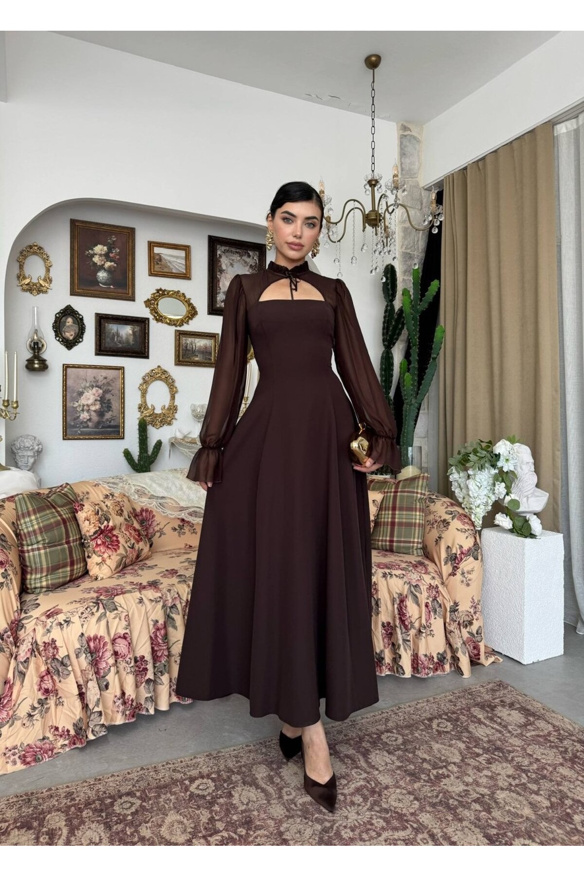 Wome Pelerin Detaylı Elbise ETK-00999-kahve