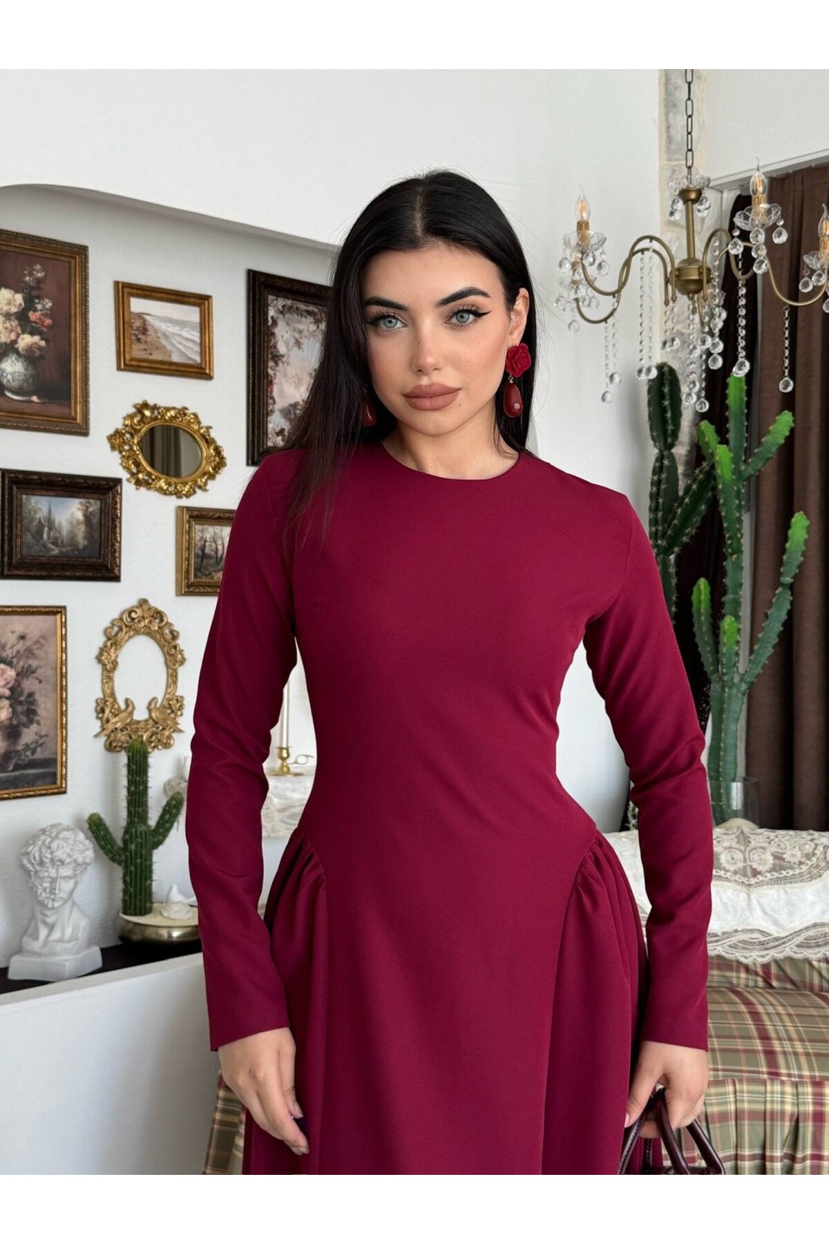 Loks Midi Elbise ETK-01000-bordo