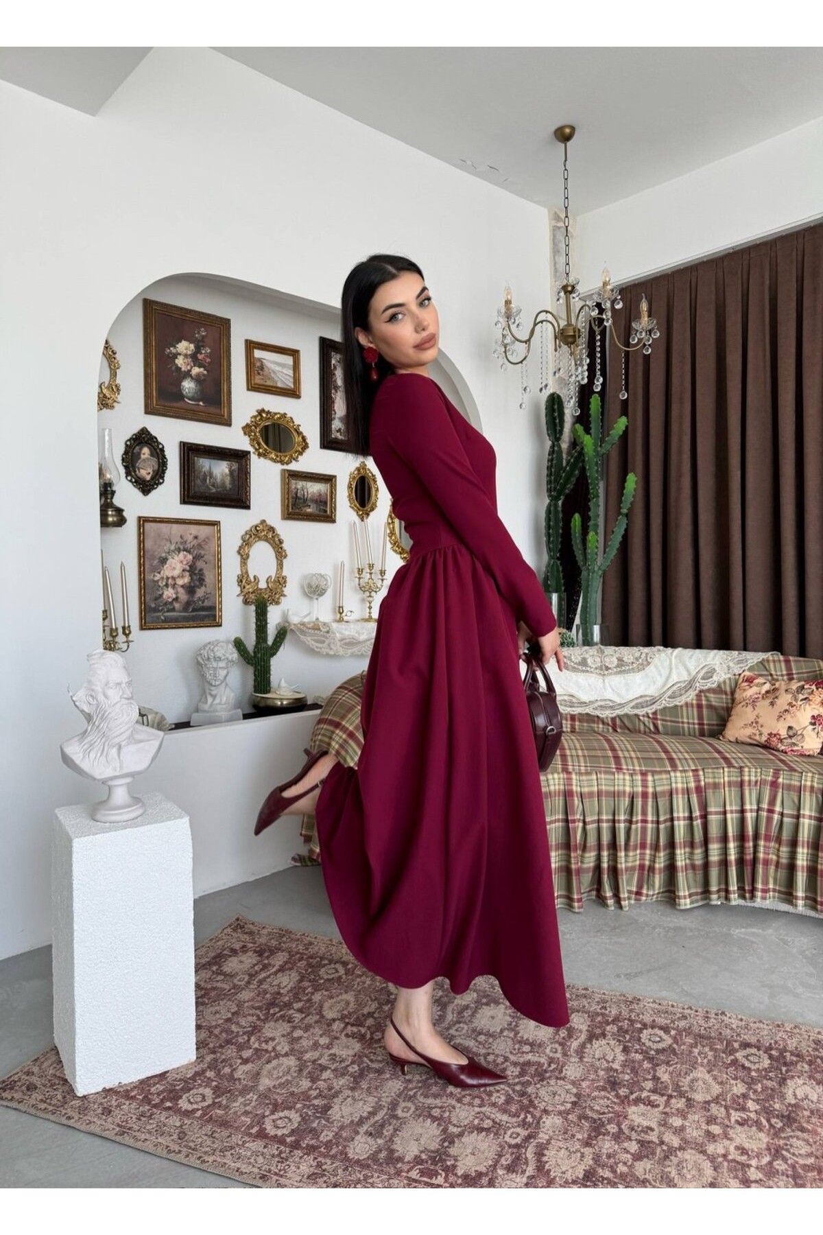 Loks Midi Elbise ETK-01000-bordo