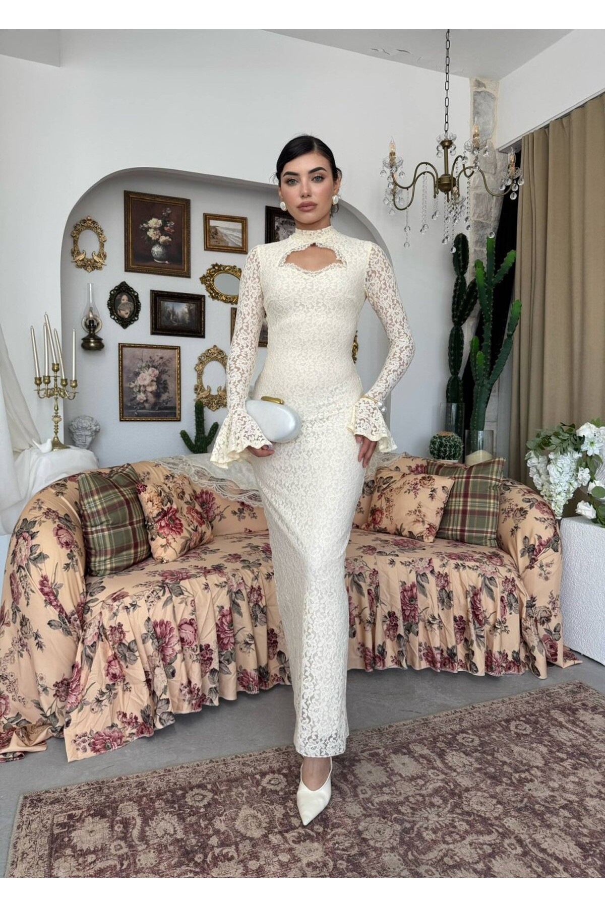 Wexo Göğüs Dekolte Detaylı Elbise ETK-01006-bej