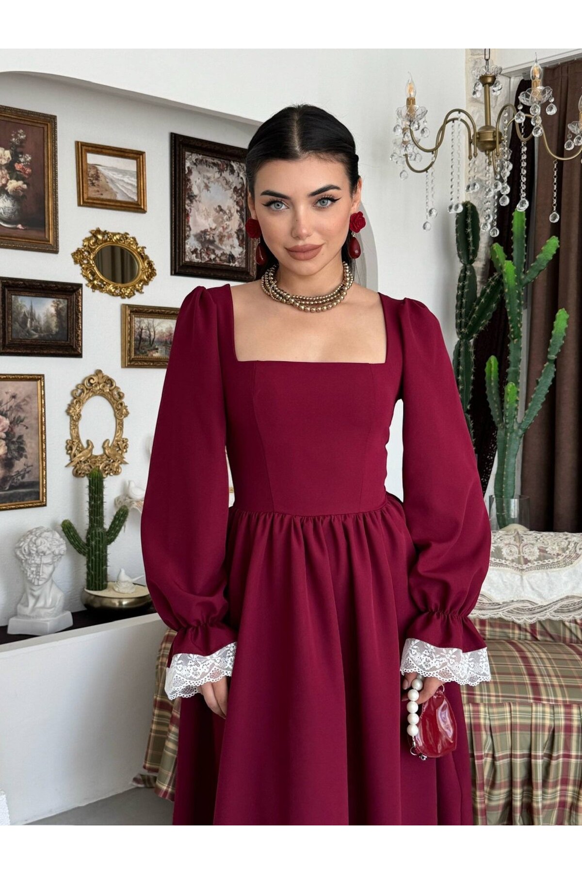 Huyno Dantel Detaylı Elbise ETK-01011-bordo