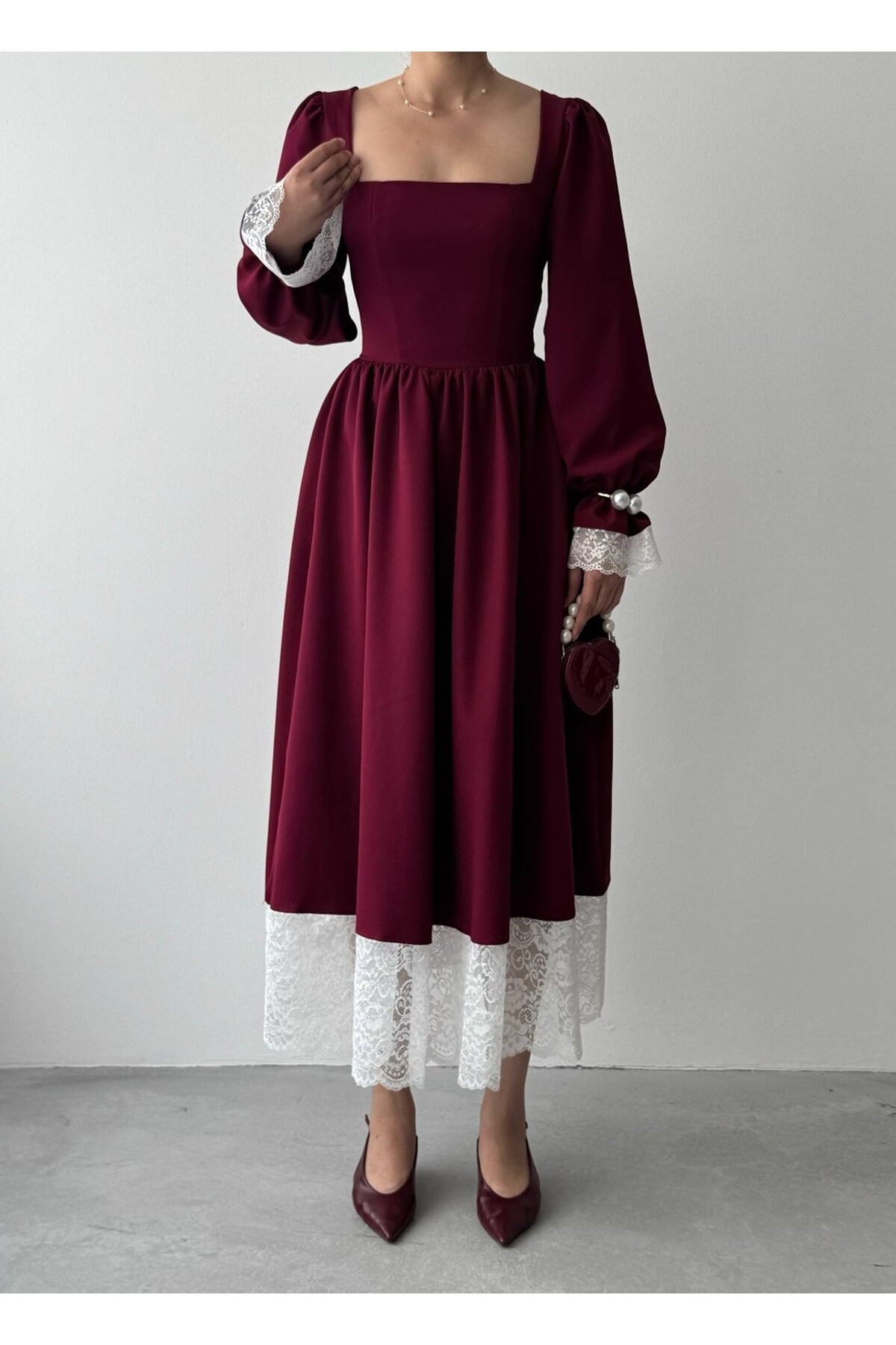 Huyno Dantel Detaylı Elbise ETK-01011-bordo