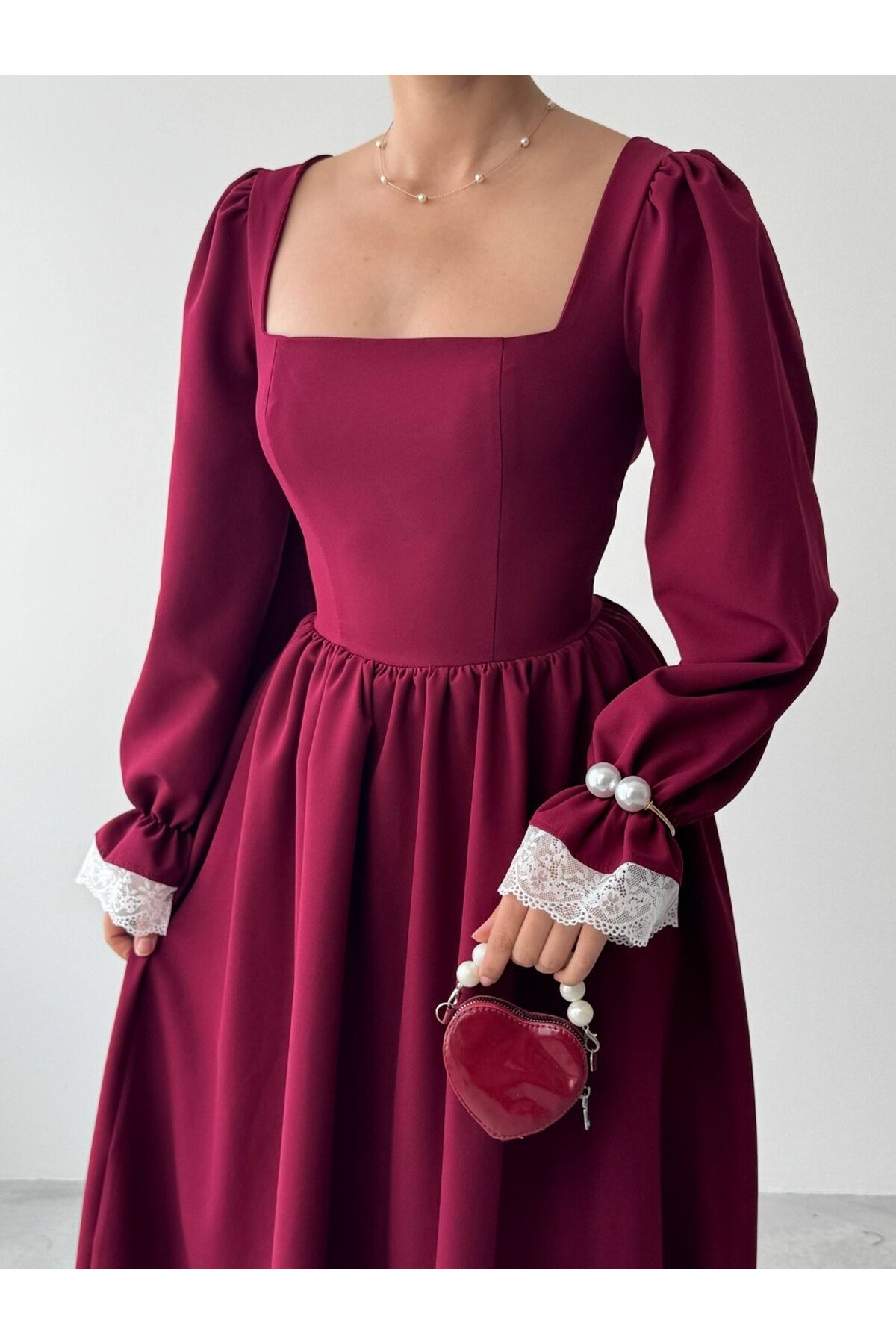 Huyno Dantel Detaylı Elbise ETK-01011-bordo
