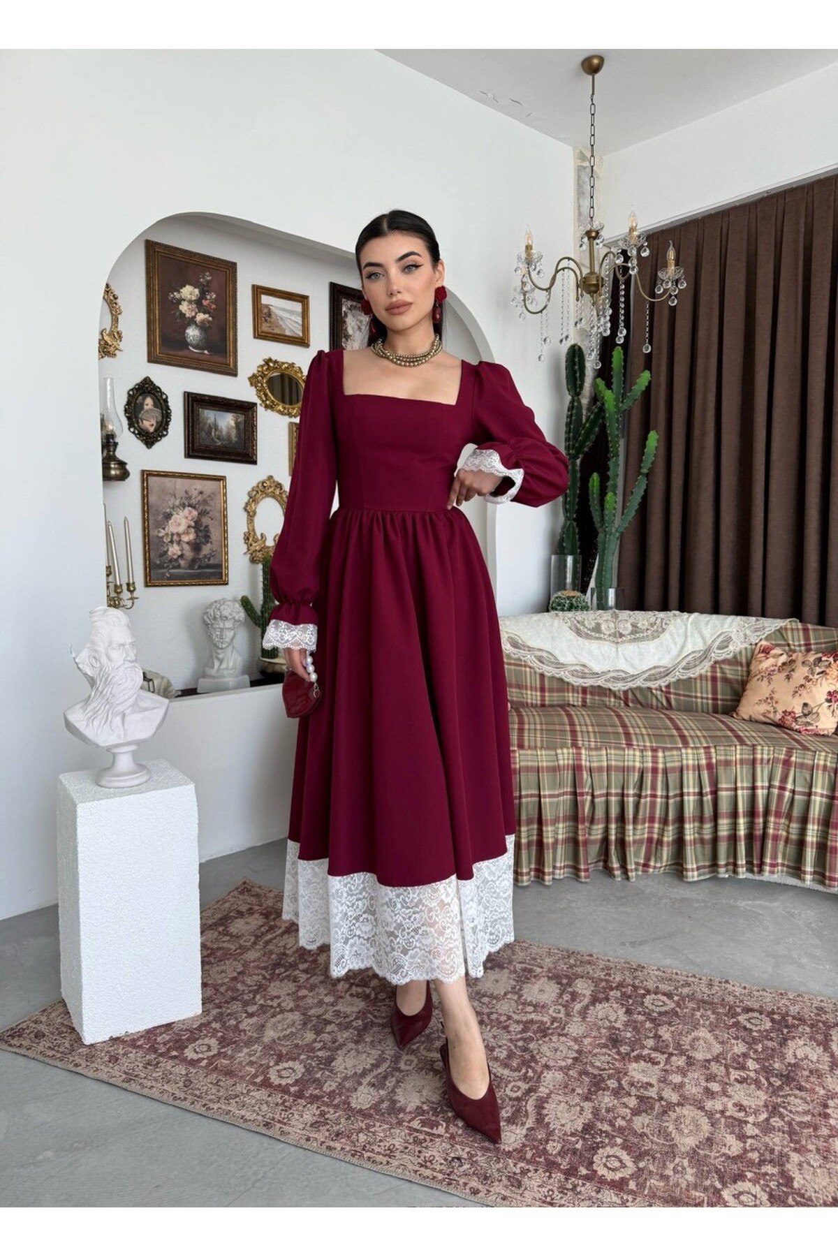 Huyno Dantel Detaylı Elbise ETK-01011-bordo