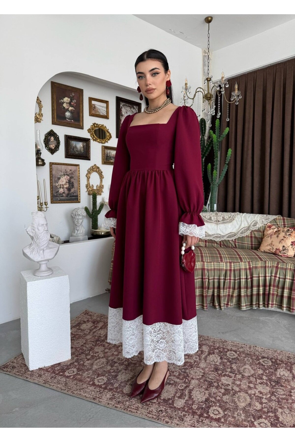 Huyno Dantel Detaylı Elbise ETK-01011-bordo