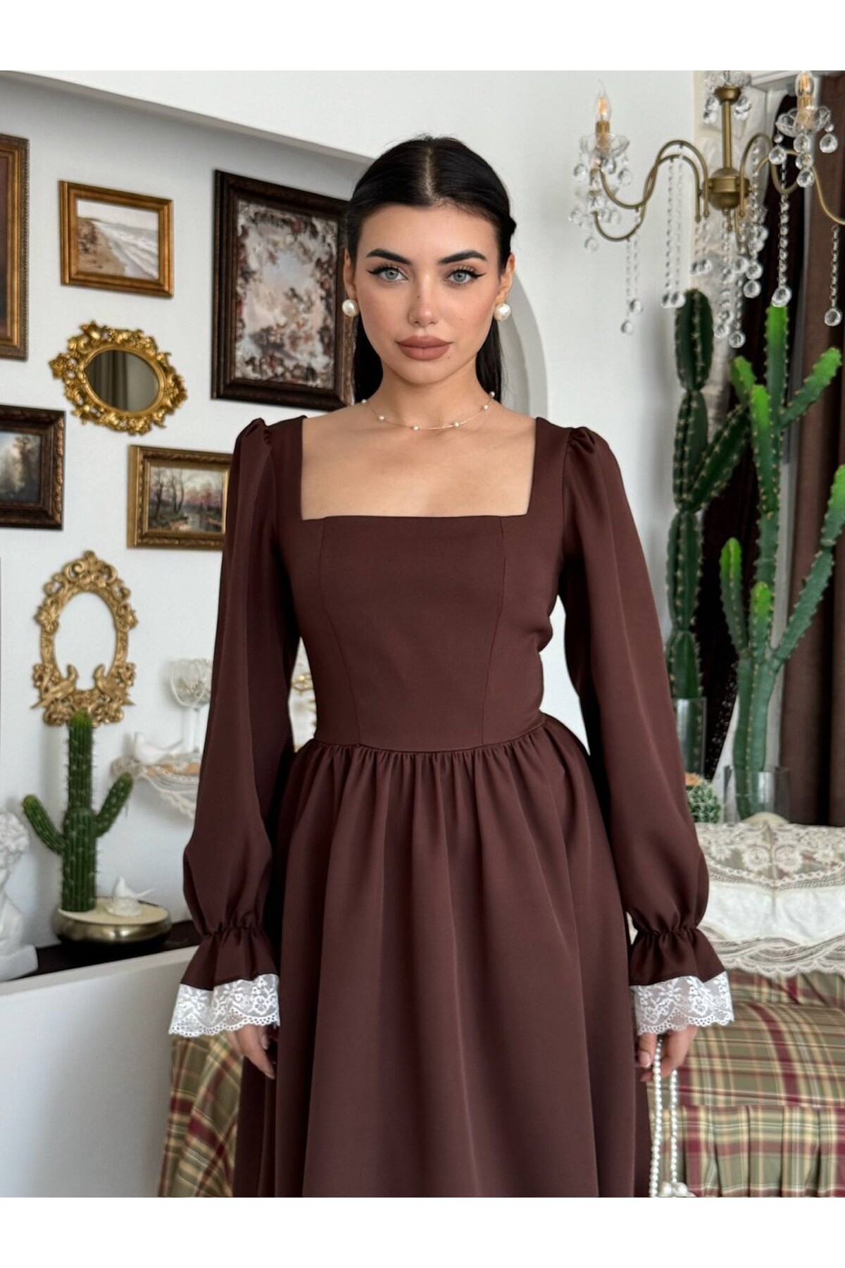 Huyno Dantel Detaylı Elbise ETK-01011-kahve