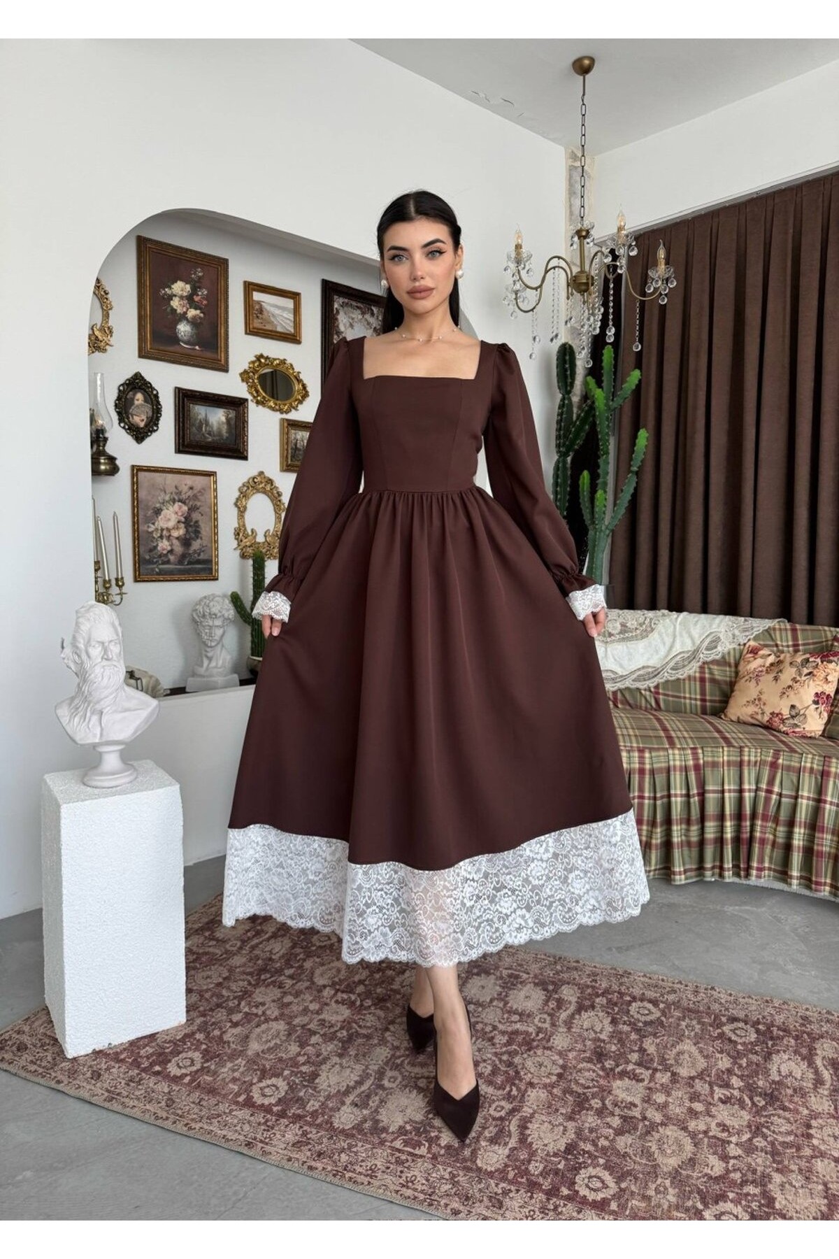 Huyno Dantel Detaylı Elbise ETK-01011-kahve