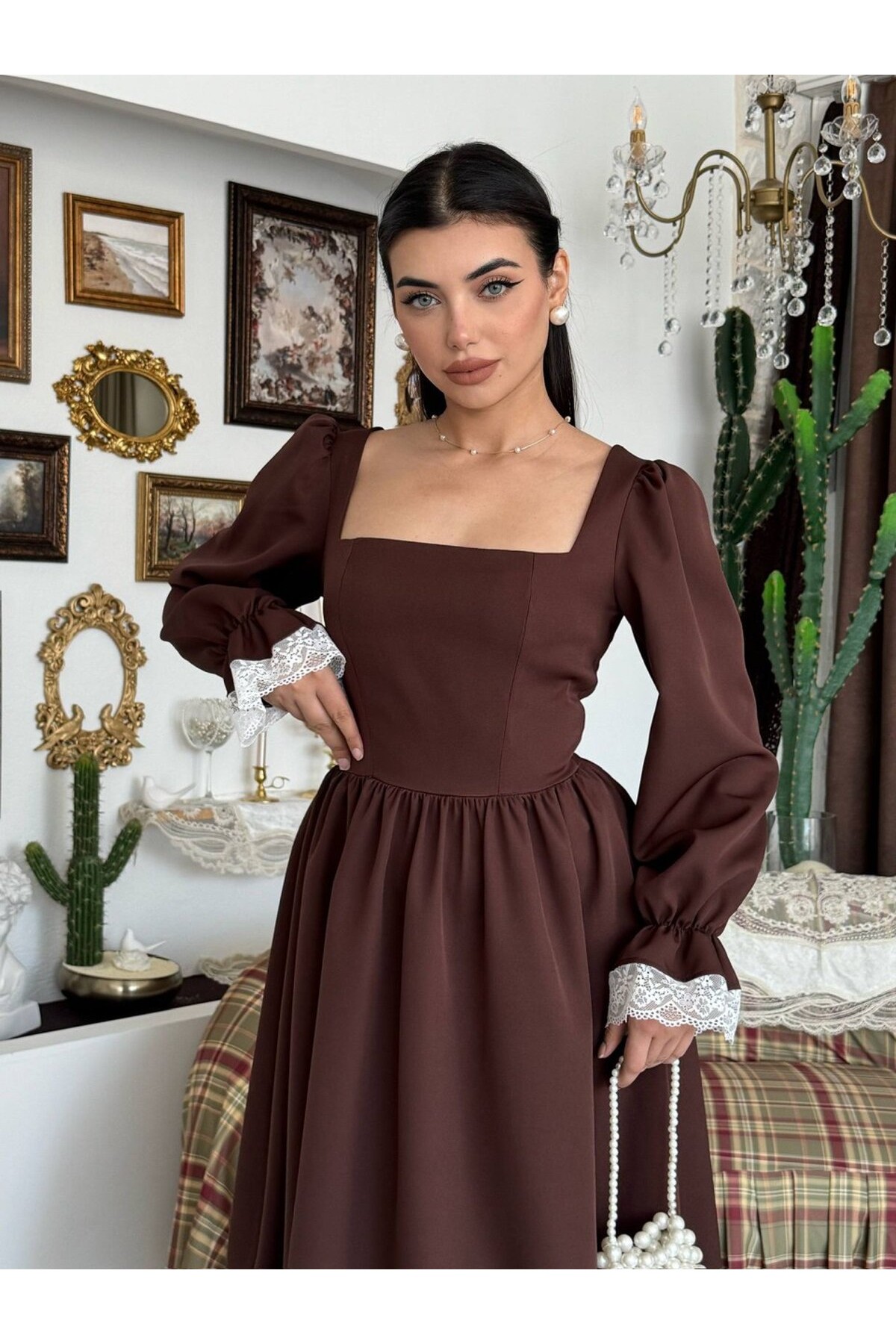 Huyno Dantel Detaylı Elbise ETK-01011-kahve