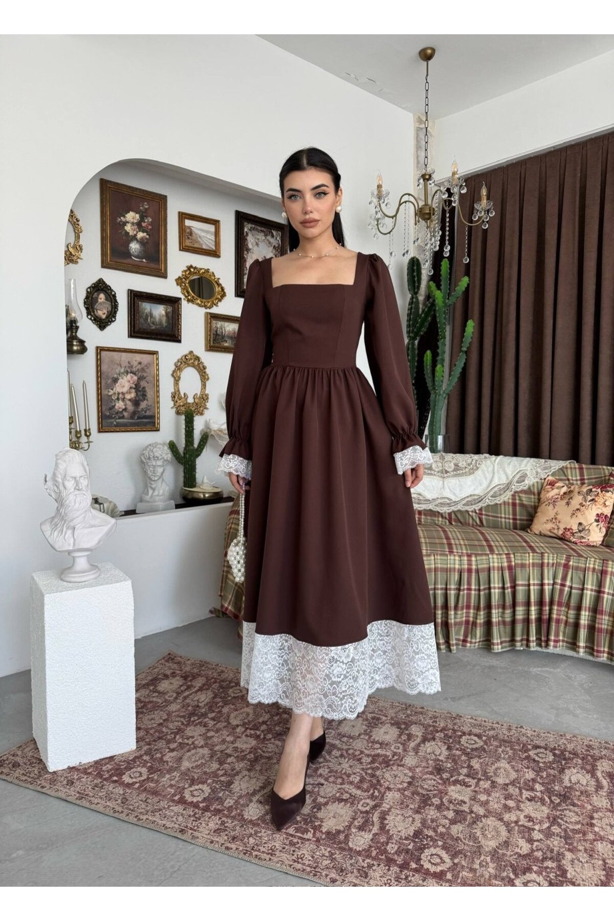 Huyno Dantel Detaylı Elbise ETK-01011-kahve