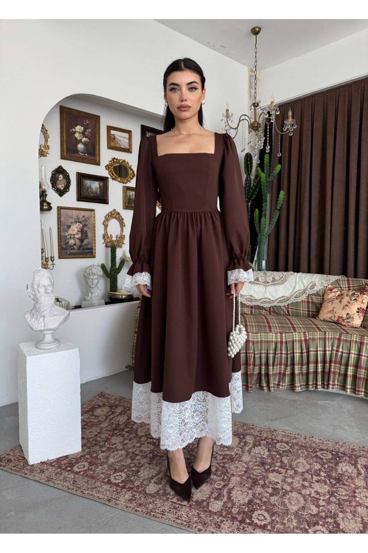 Huyno Dantel Detaylı Elbise ETK-01011-kahve