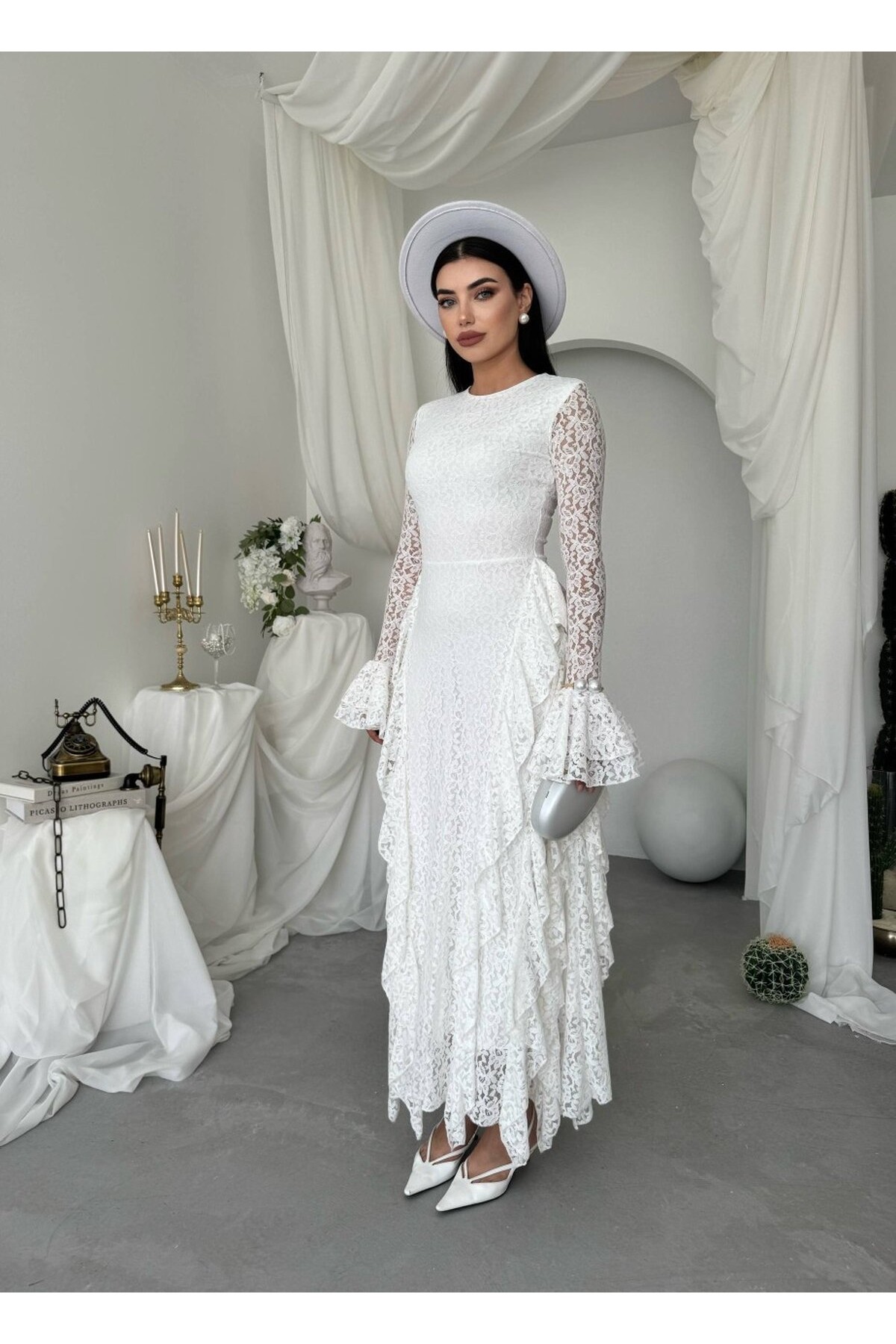 Fusne Midi Elbise ETK-01022-beyaz