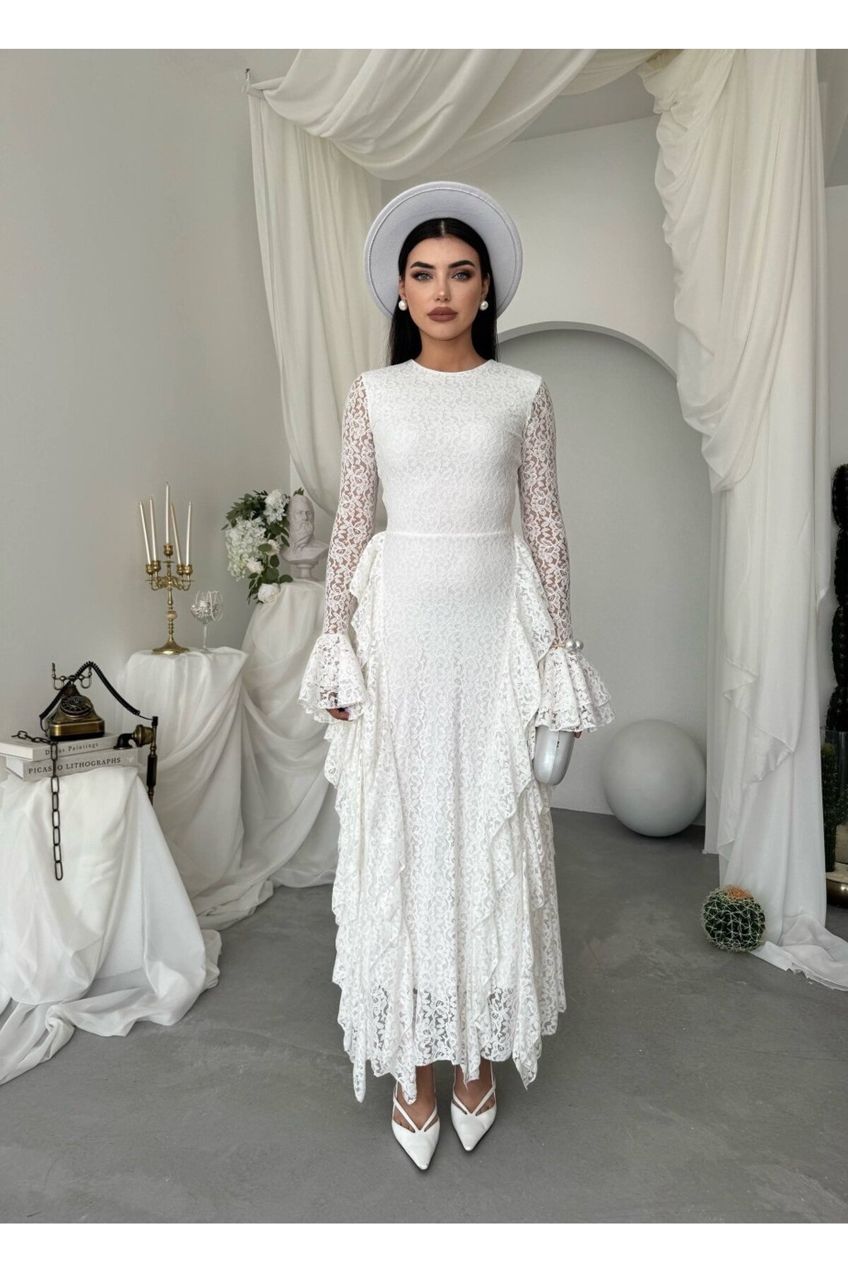 Fusne Midi Elbise ETK-01022-beyaz