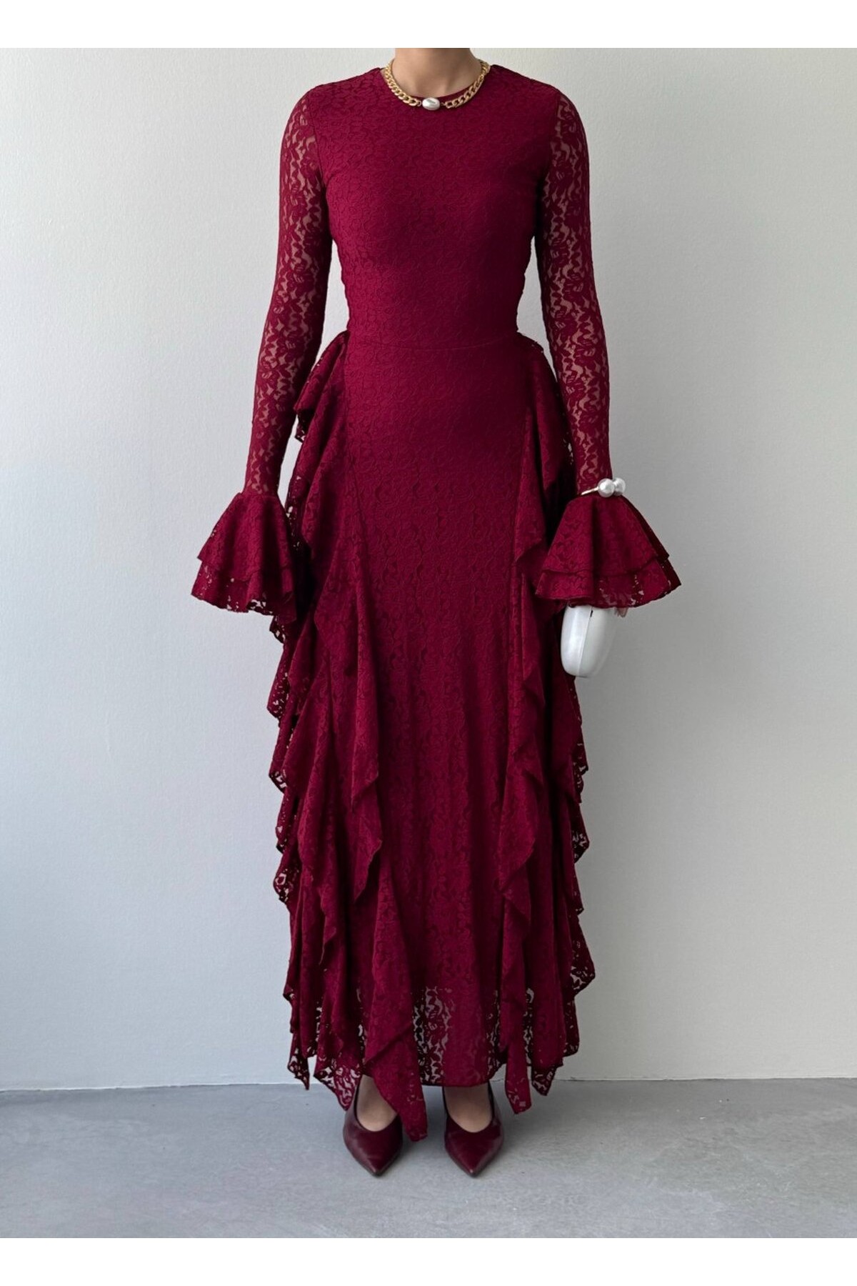 Fusne Midi Elbise ETK-01022-bordo