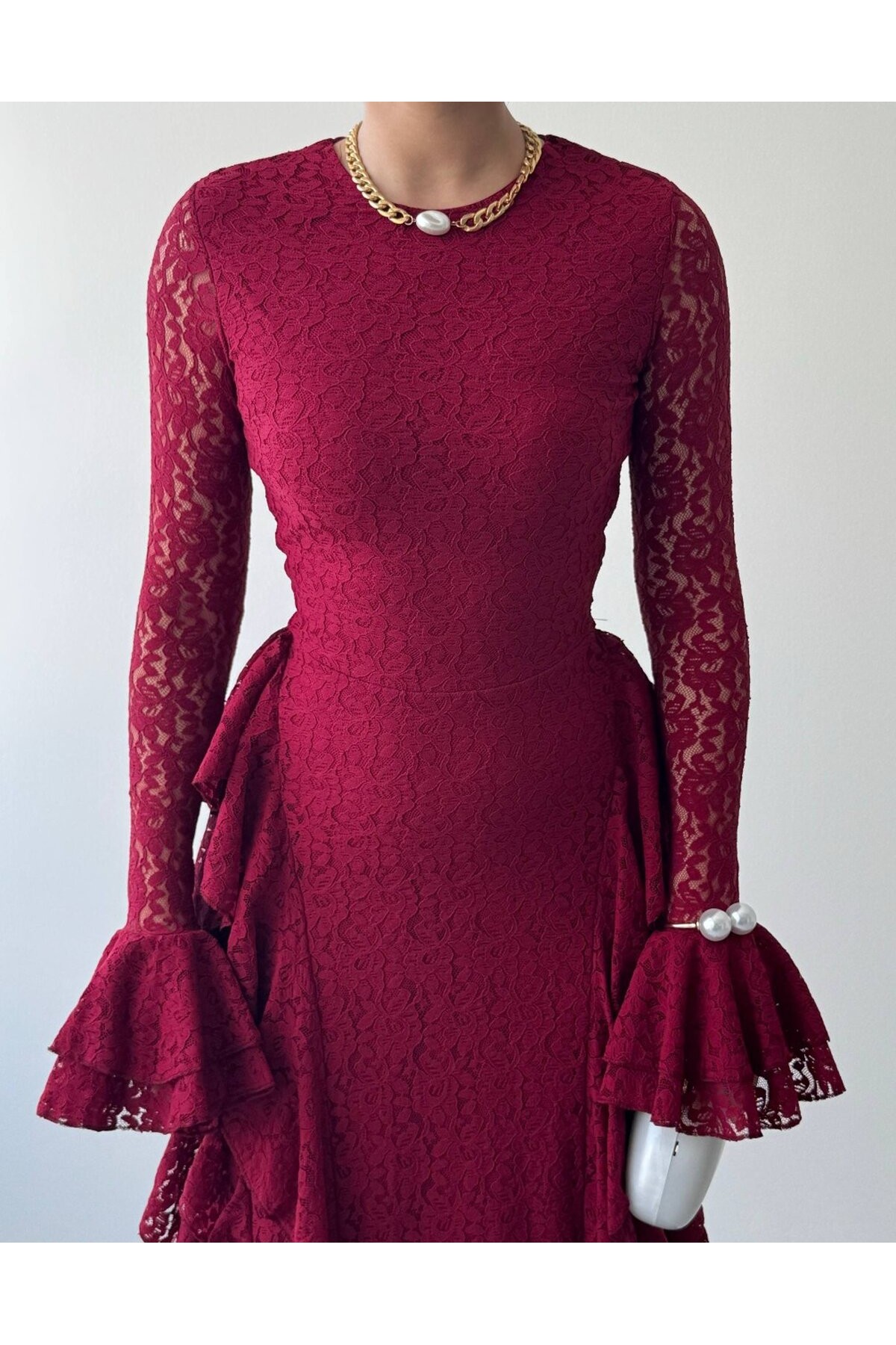 Fusne Midi Elbise ETK-01022-bordo