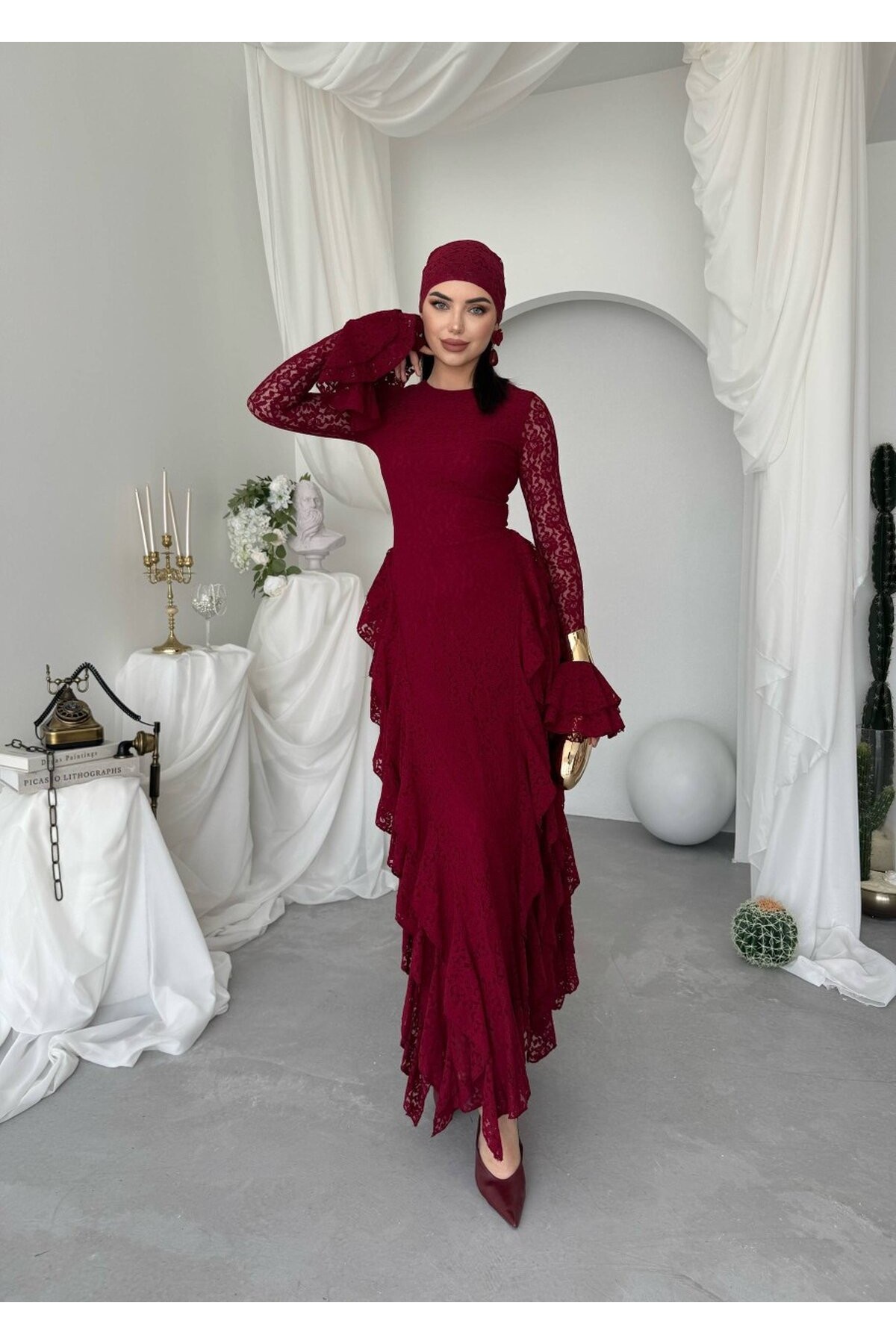 Fusne Midi Elbise ETK-01022-bordo