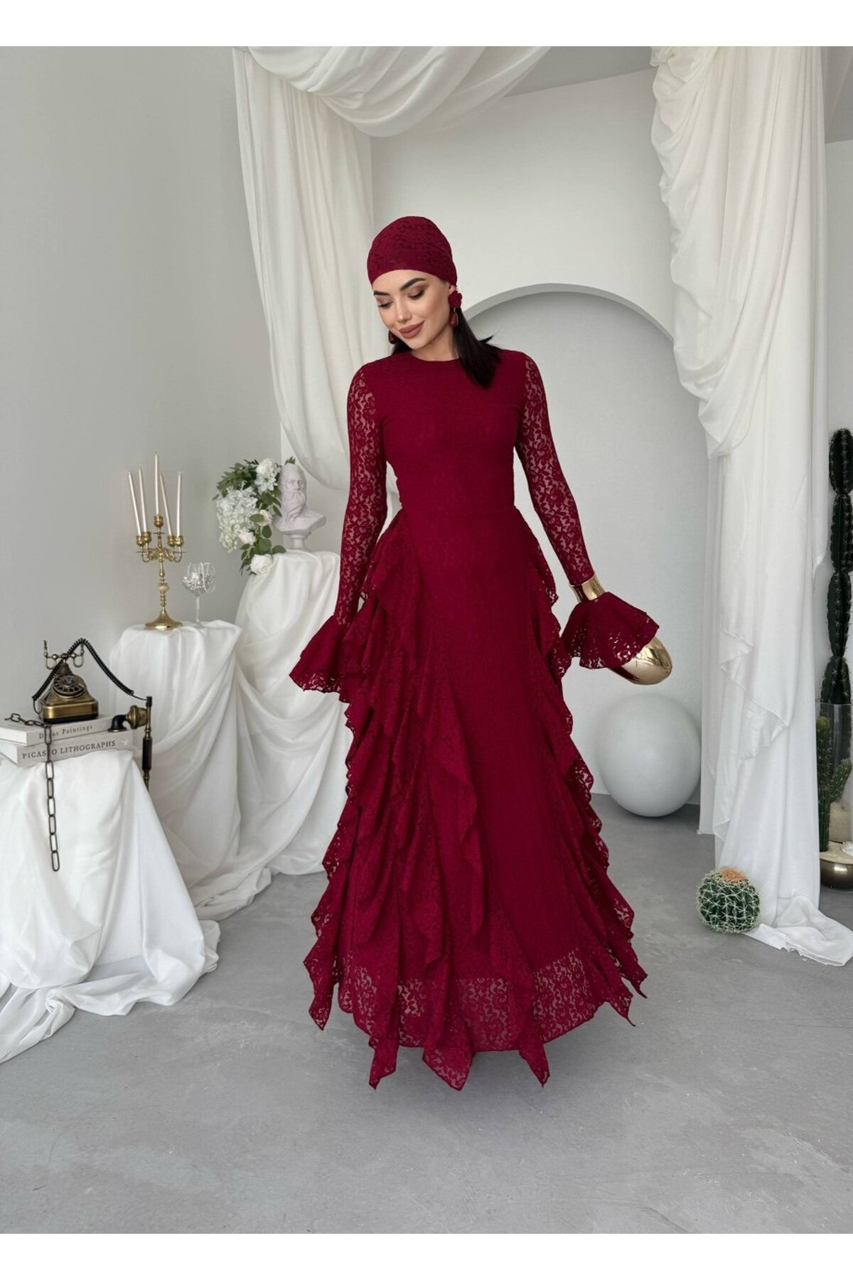 Fusne Midi Elbise ETK-01022-bordo