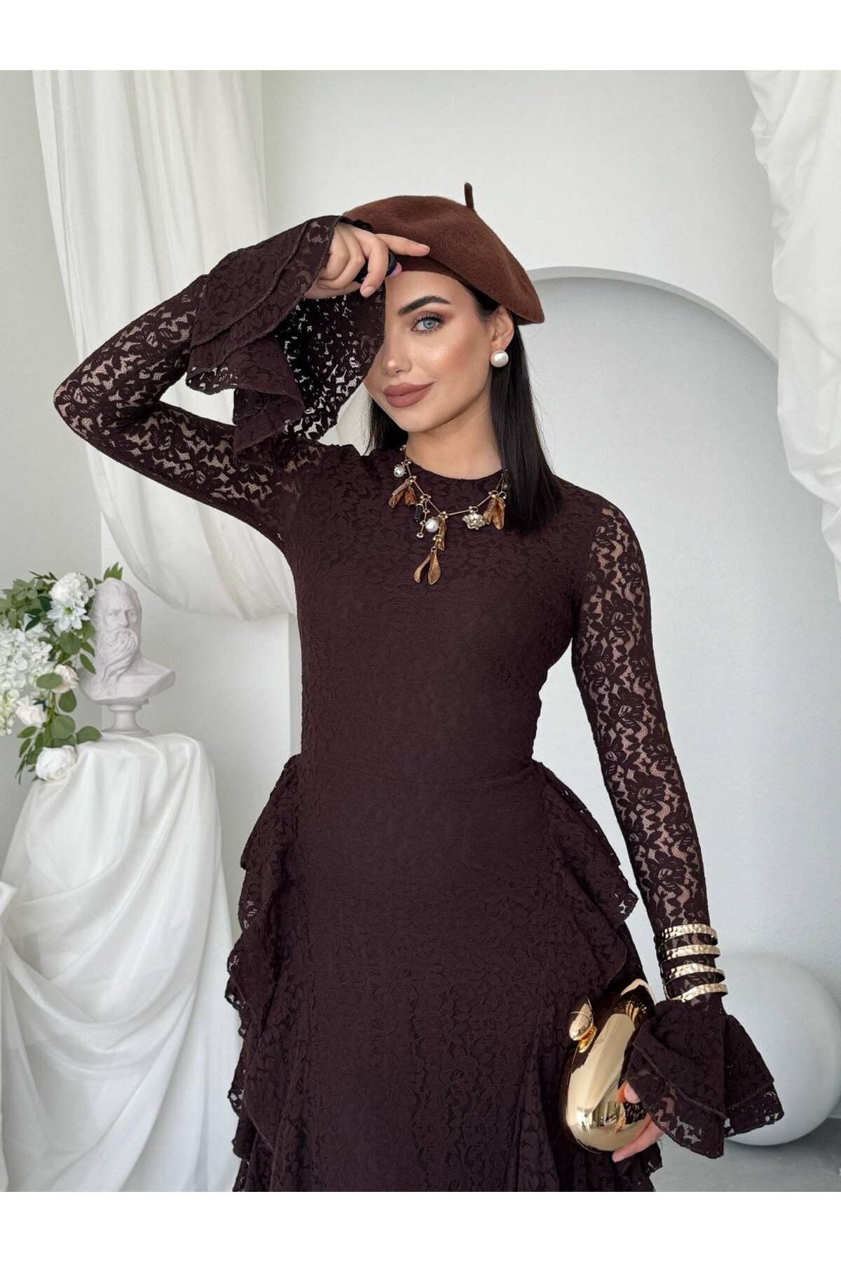 Fusne Midi Elbise ETK-01022-kahve