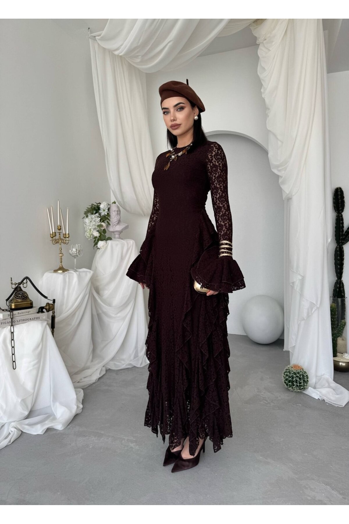 Fusne Midi Elbise ETK-01022-kahve