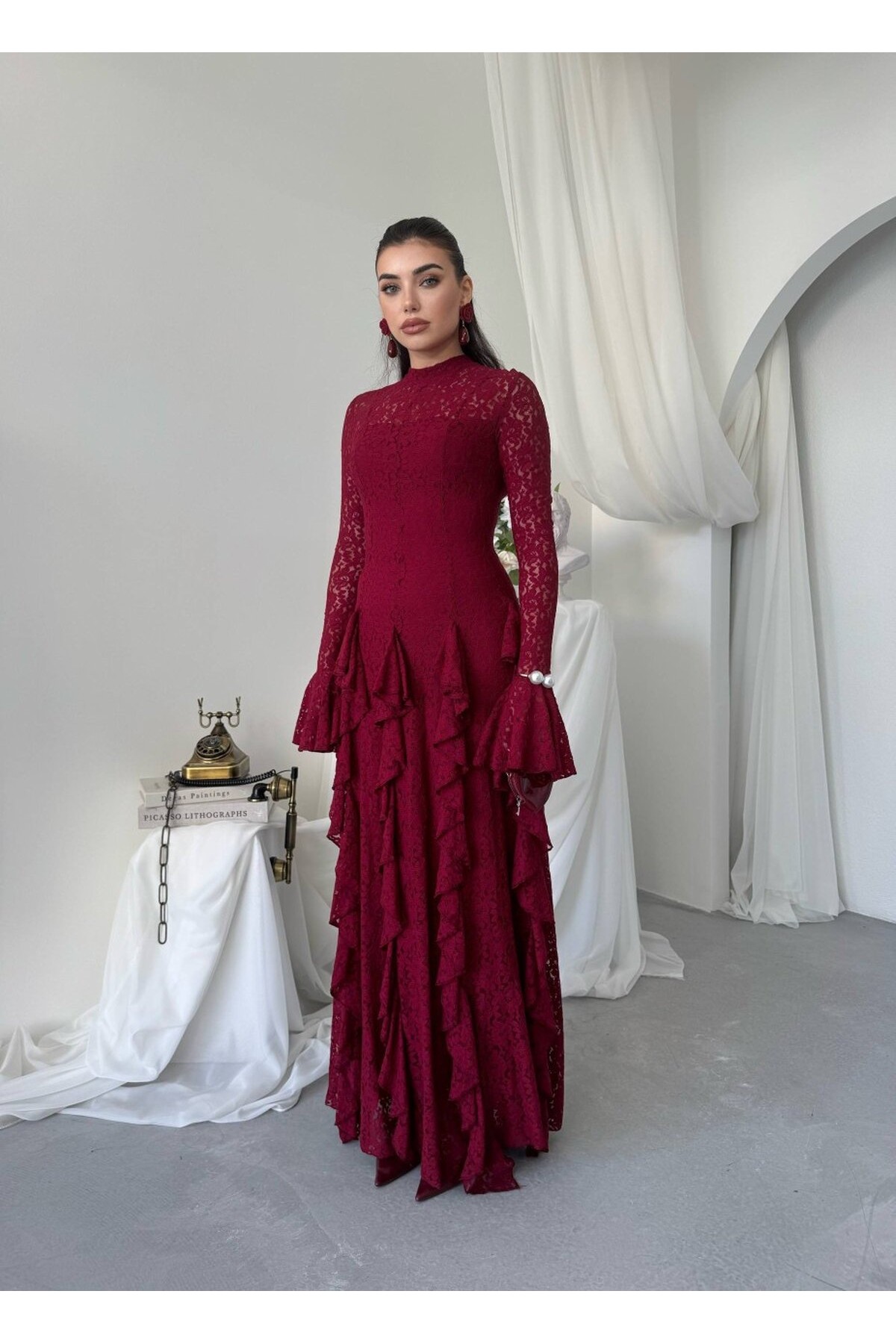 Furuz Midi Elbise ETK-01023-bordo