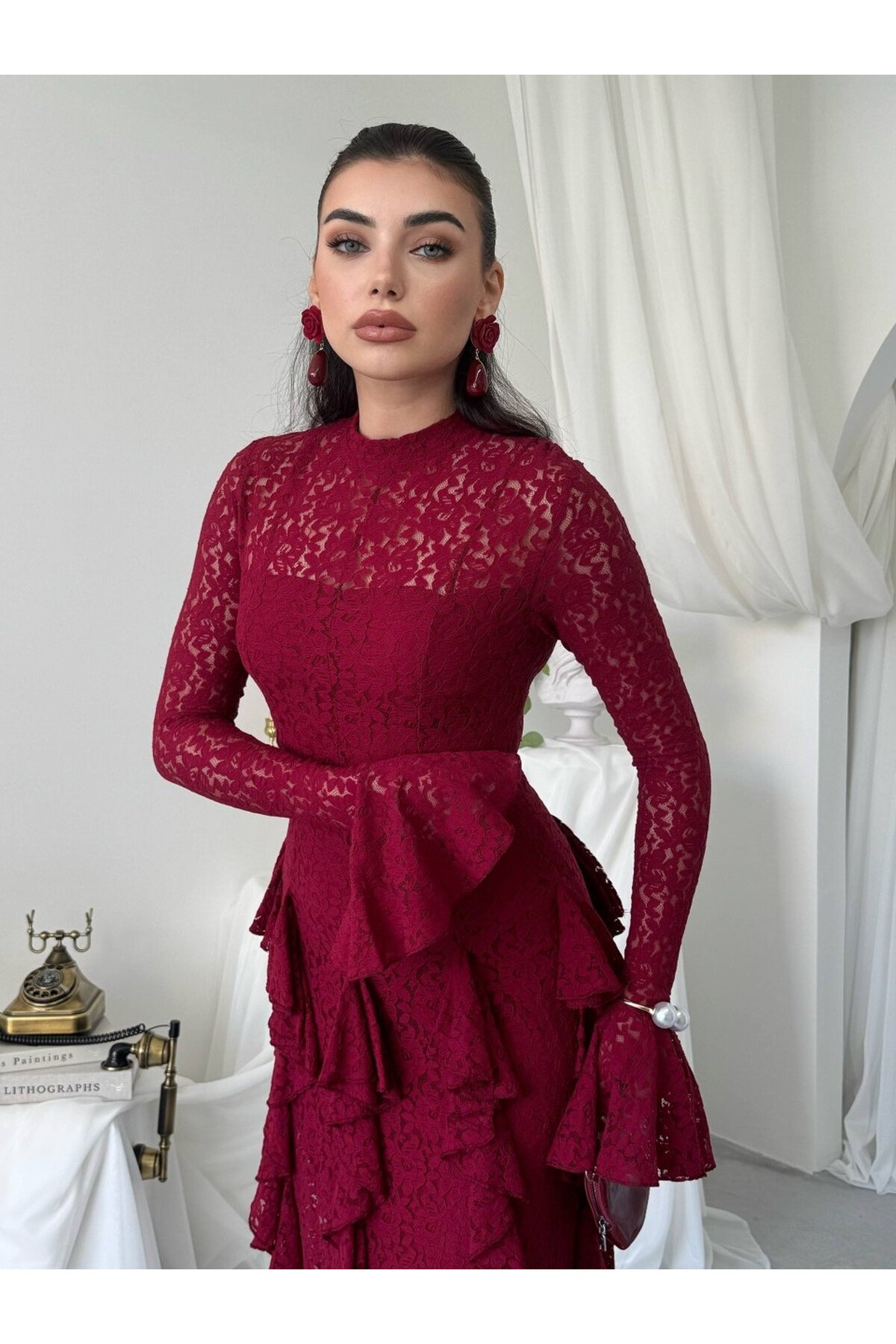 Furuz Midi Elbise ETK-01023-bordo