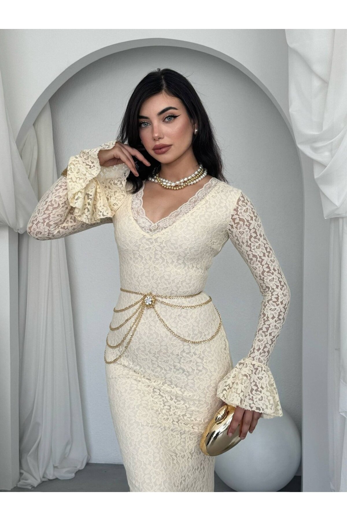 Seyla Midi Elbise ETK-01026-bej