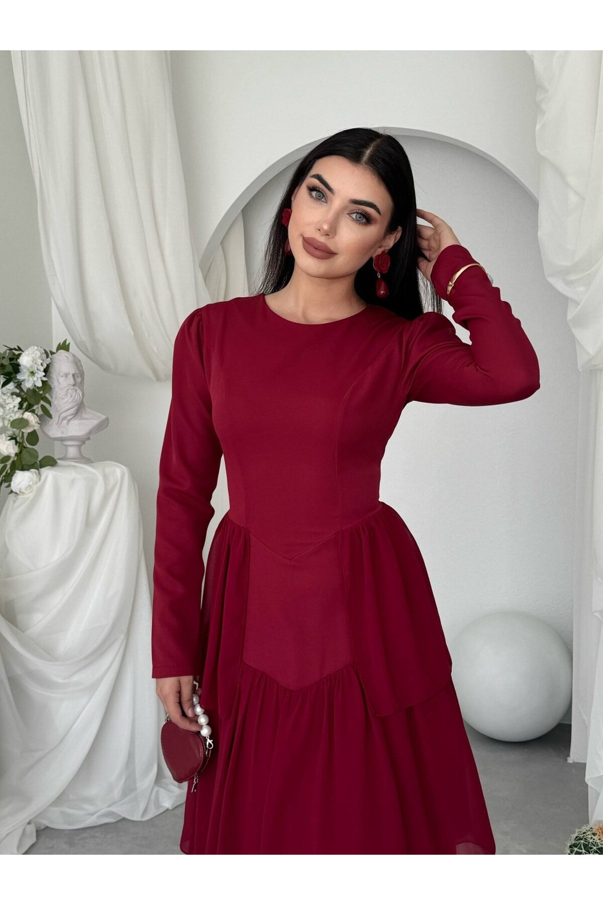 Onces Midi Elbise ETK-01029-bordo