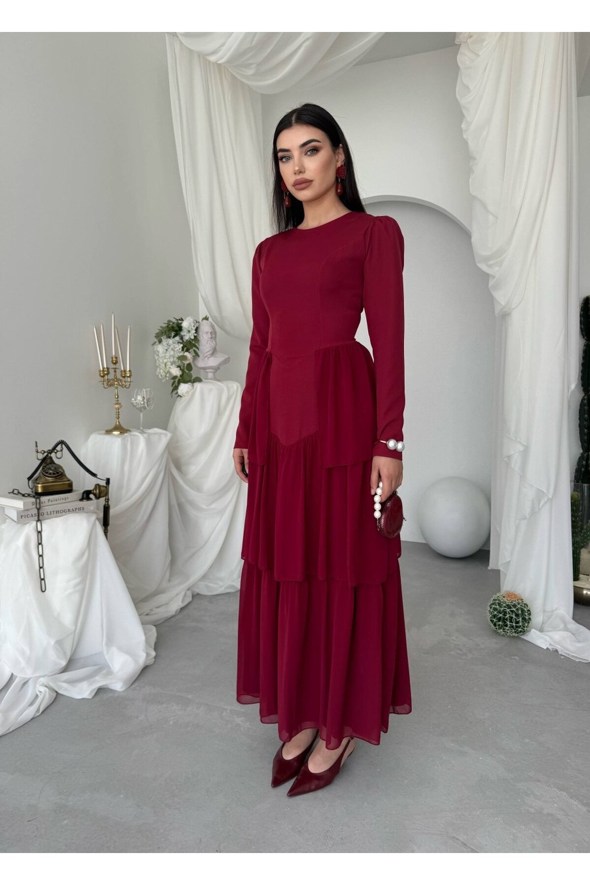 Onces Midi Elbise ETK-01029-bordo