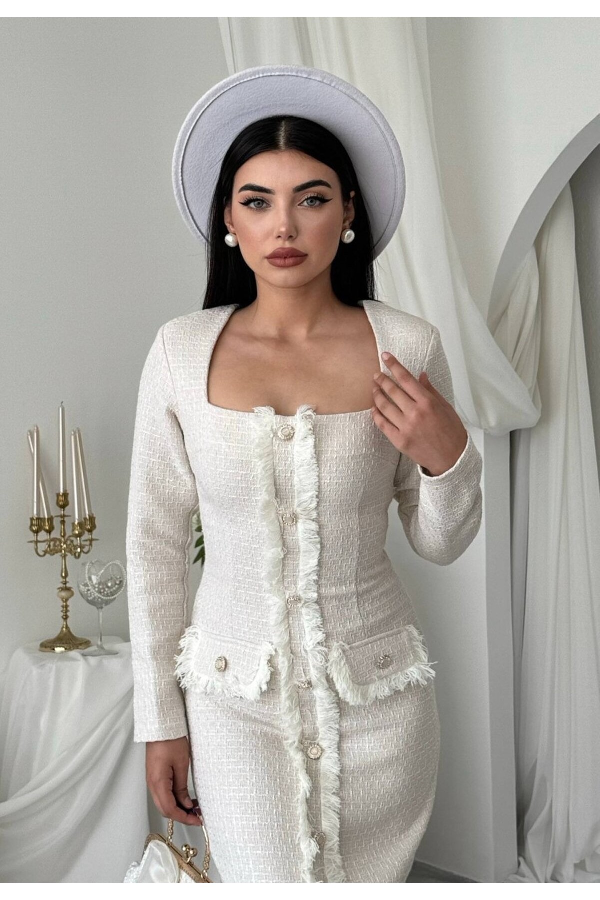 Bensu Düğme Detaylı Elbise ETK-01038-ekru