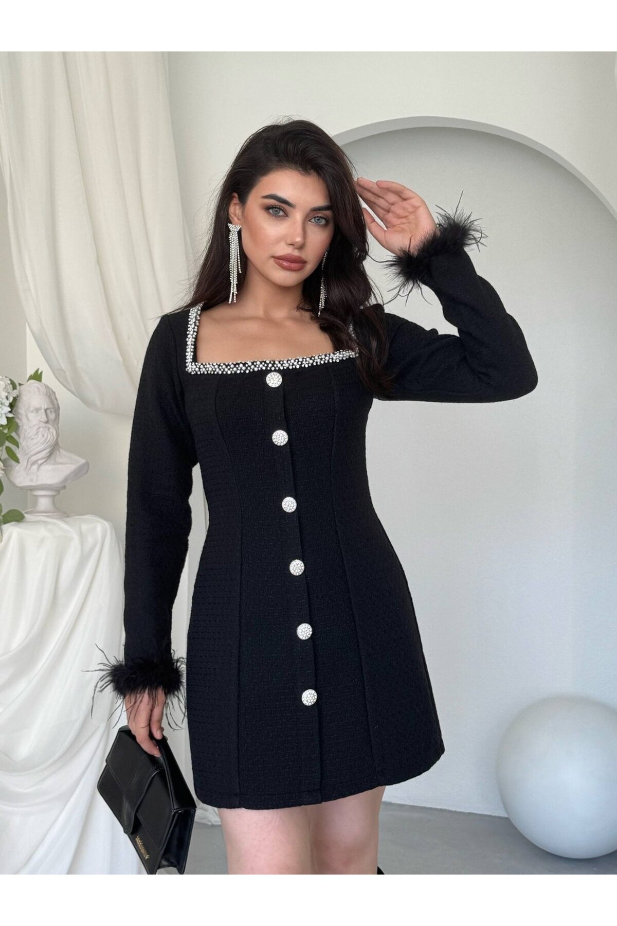 Poner Düğme Detaylı Elbise ETK-01039-siyah