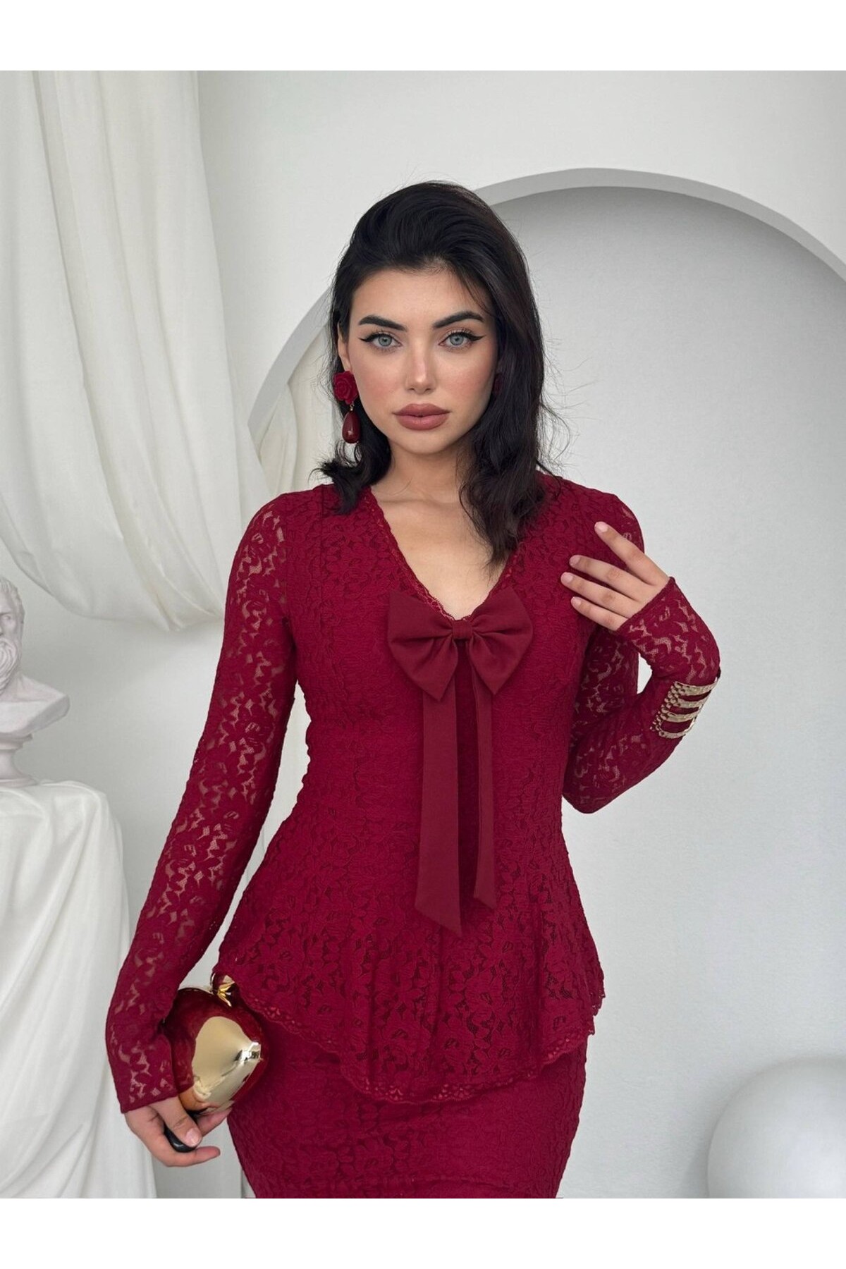 Kerna Fiyonk Detaylı Elbise ETK-01040-bordo