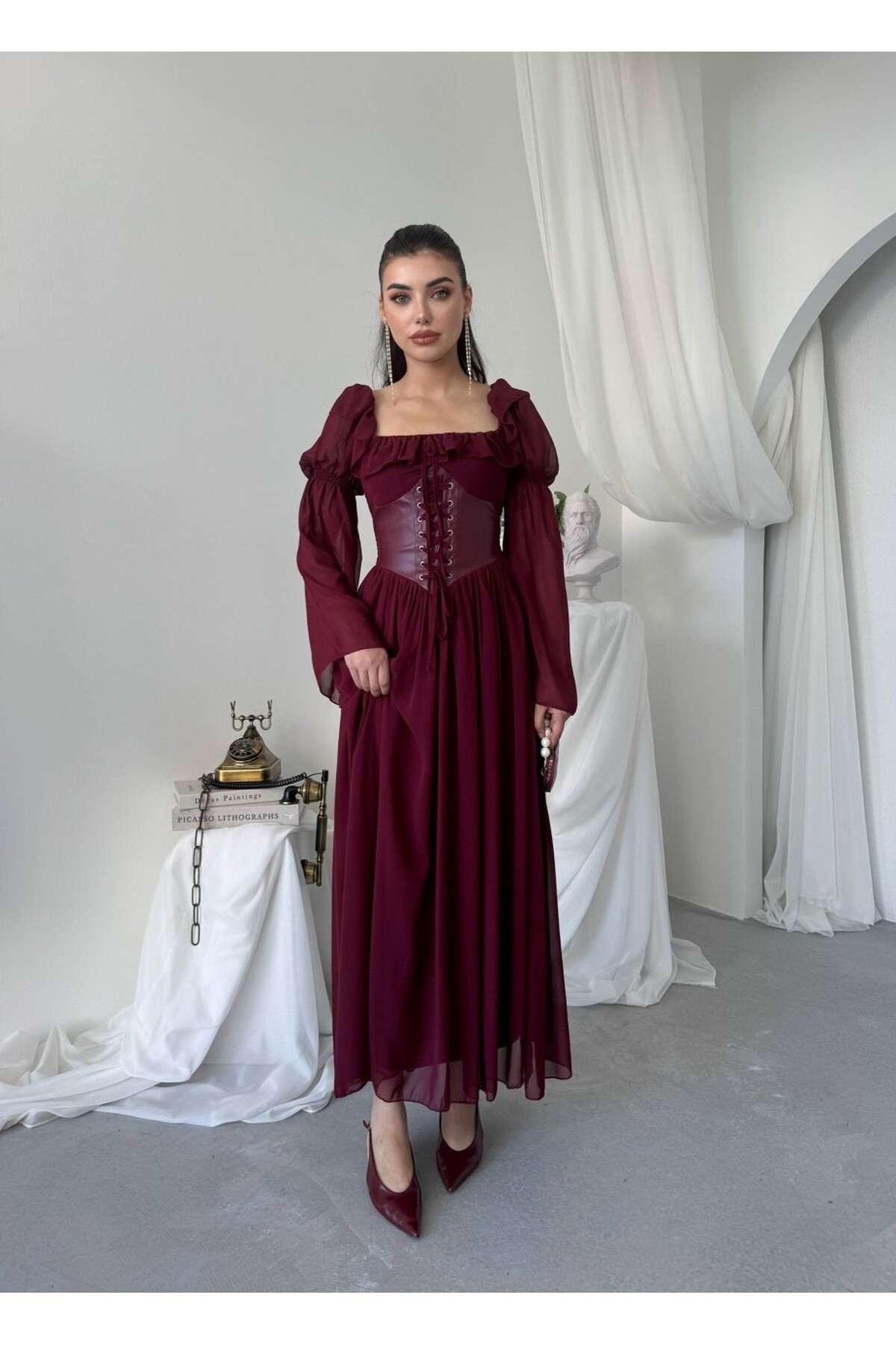 Oras Midi Elbise ETK-01044-bordo