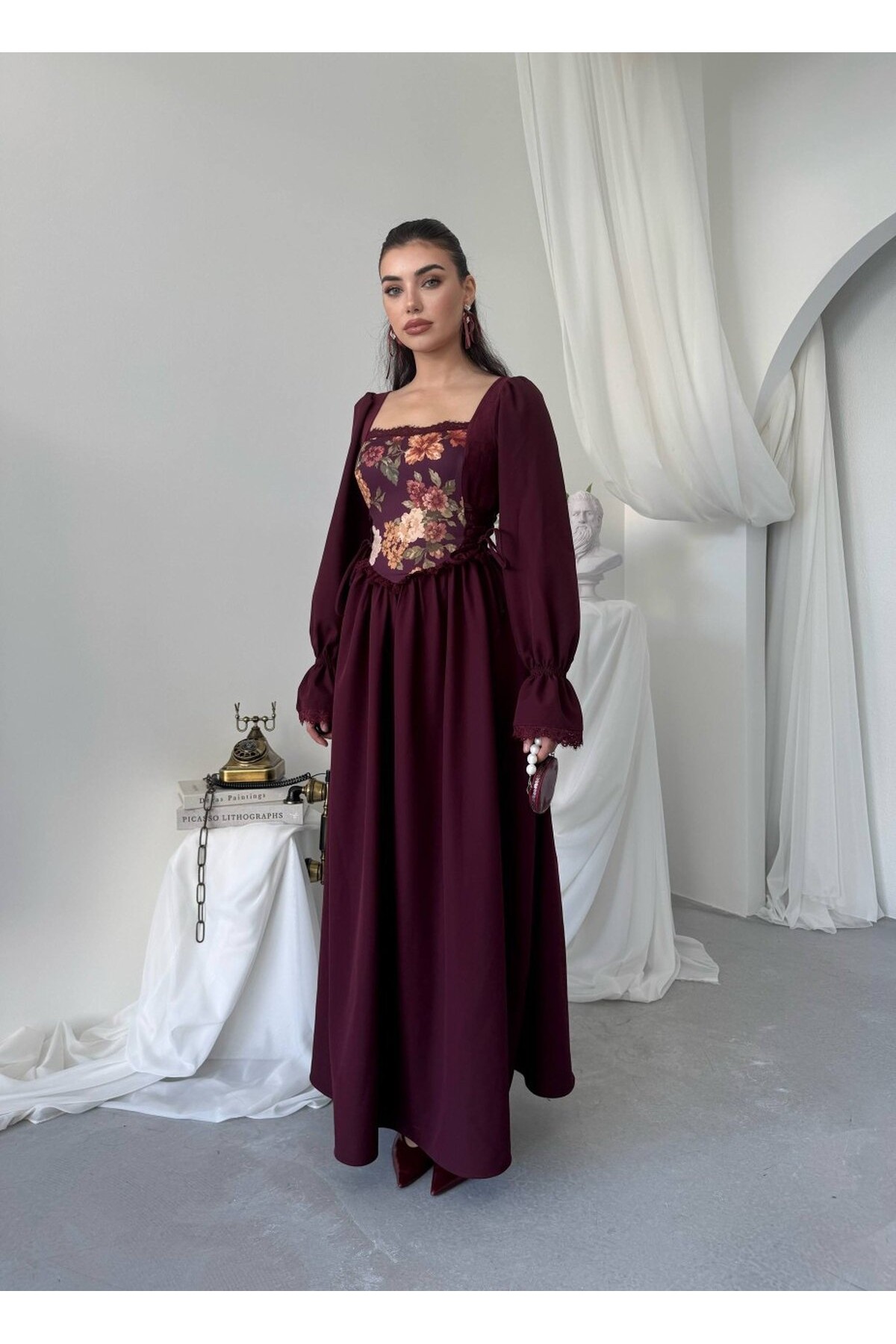 Ponsa Midi Elbise ETK-01048-bordo
