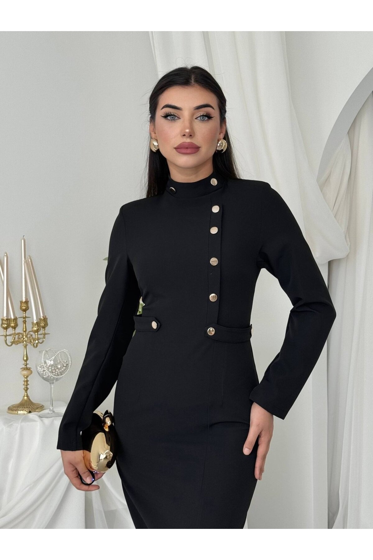 Zeas Midi Elbise ETK-01053-siyah