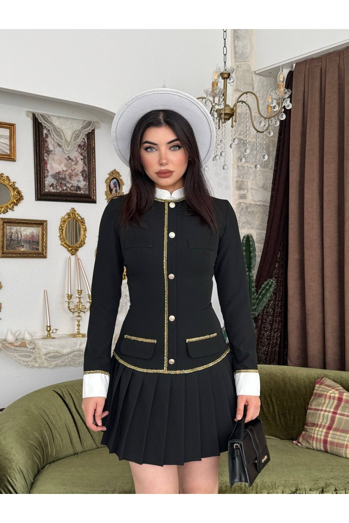 Ponuy Gold Şerit Detaylı Elbise ETK-01081-siyah