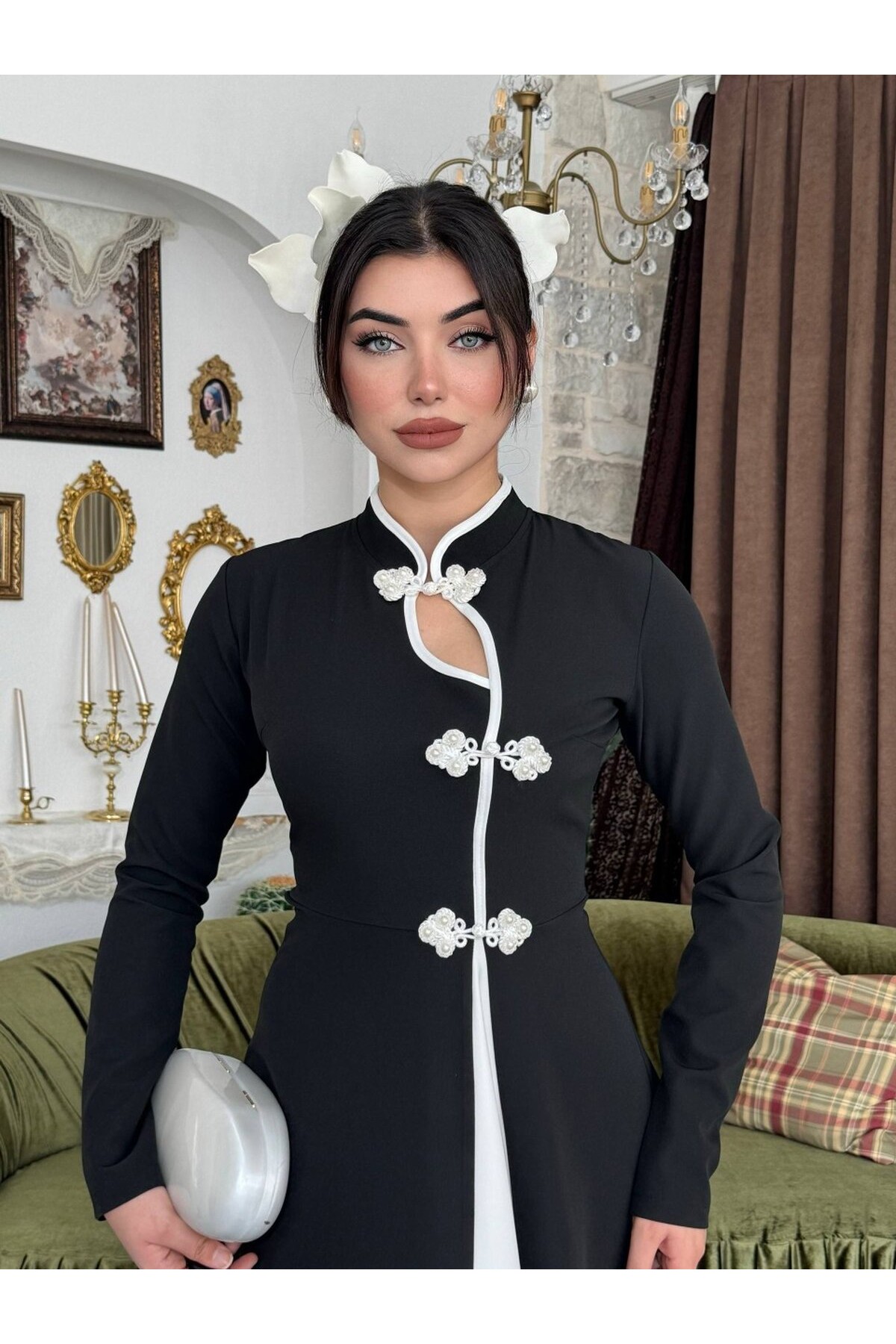 Muas Broş Detaylı Elbise ETK-01082-siyah