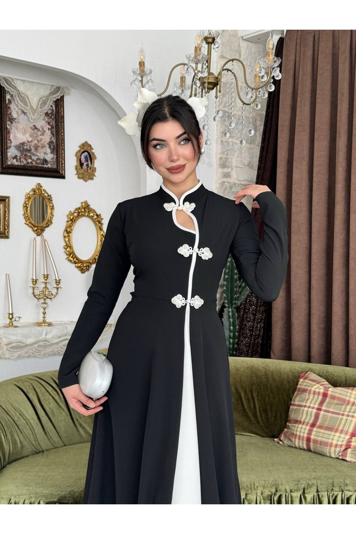 Muas Broş Detaylı Elbise ETK-01082-siyah