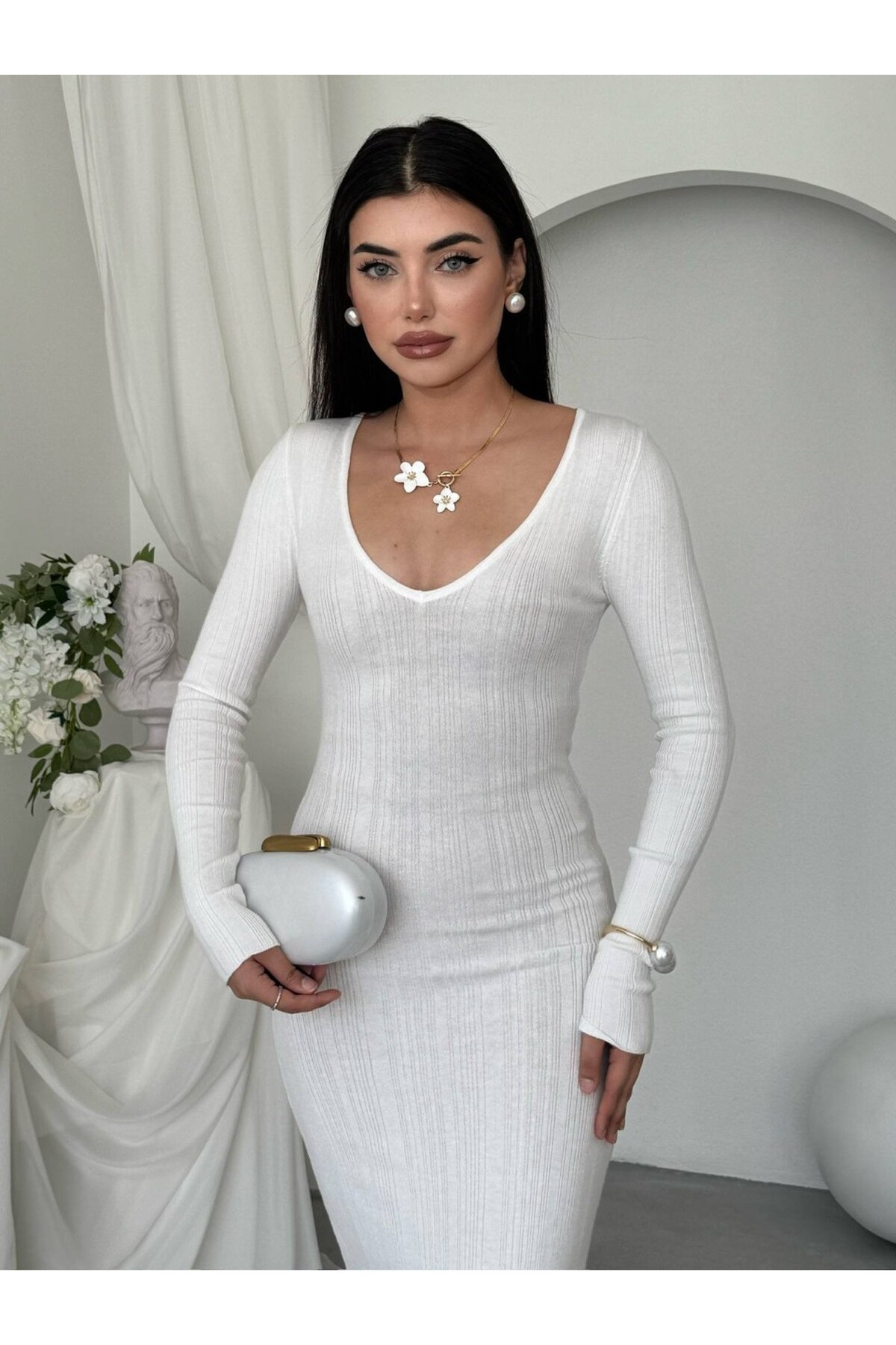 Ketas Midi Elbise ETK-20000-beyaz