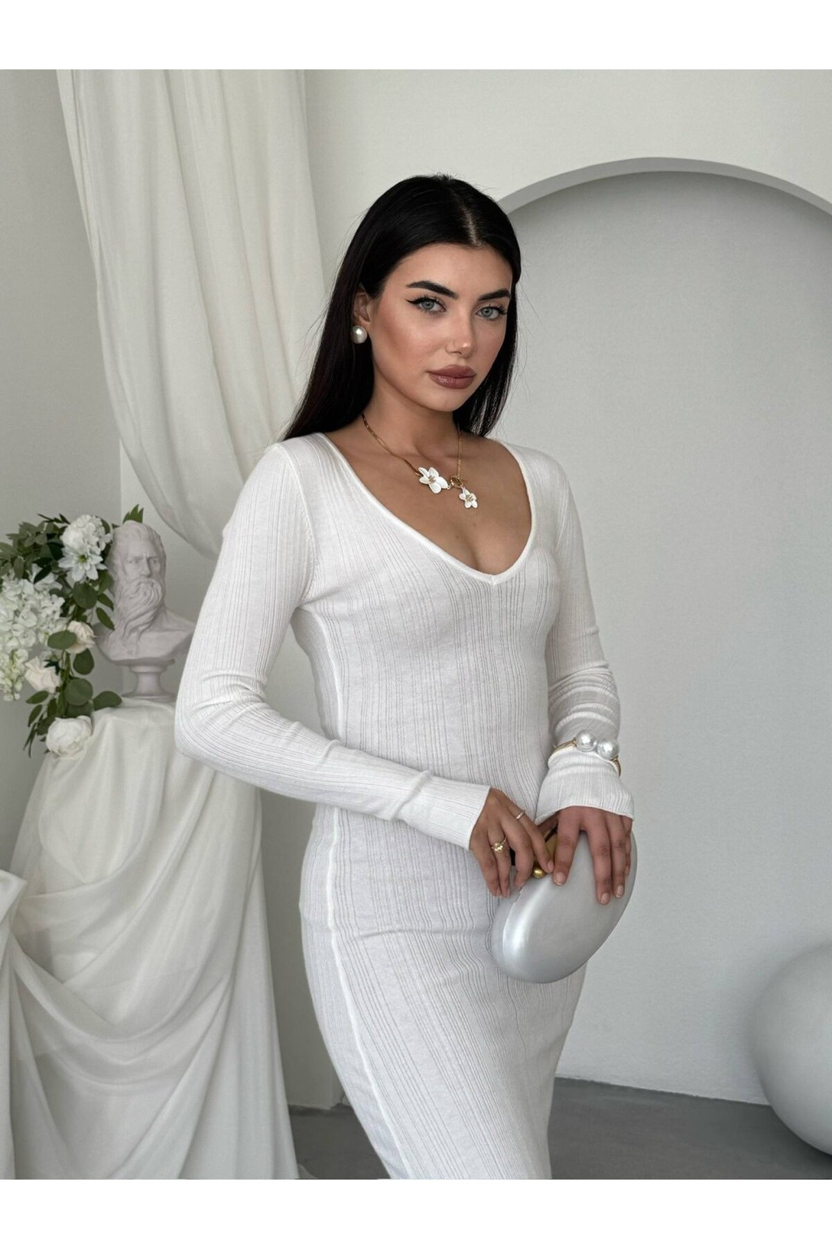 Ketas Midi Elbise ETK-20000-beyaz